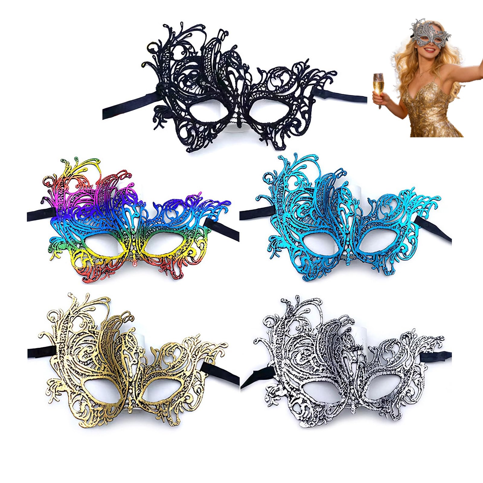 PMELCXD Masquerade Mask Set for Women, 5 Colours Pointed Lace Masks, 21x16cm Venetian Style Eye Masks for Fancy Dress Cosplay