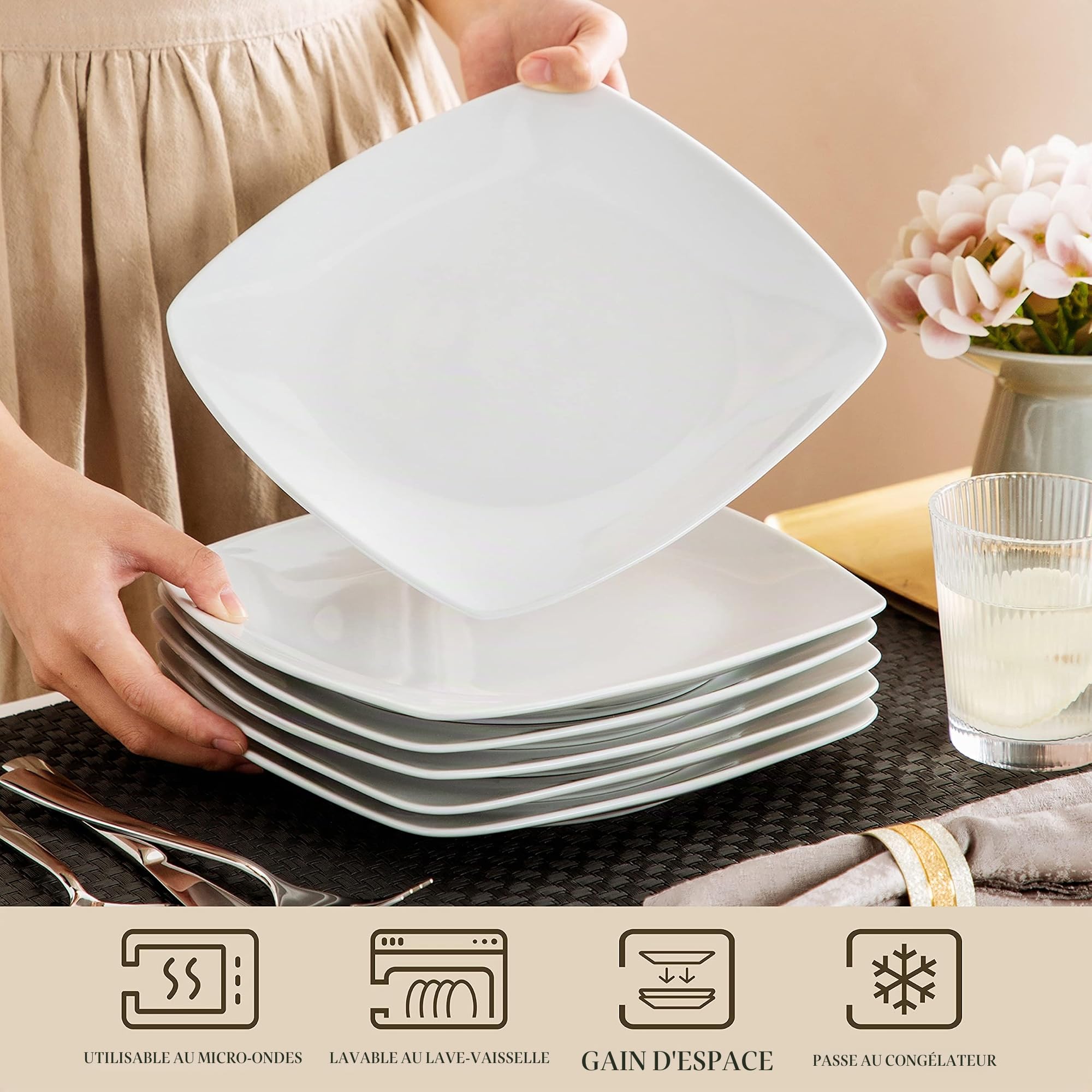 MALACASA Série JULIA Assiettes Plates pour 24 Personnes, Ø 23 cm, Assiettes Blanches en Porcelaine, Compatibles avec le lave-vaisselle et le micro-ondes, Service Vaisselle 24 Personnes