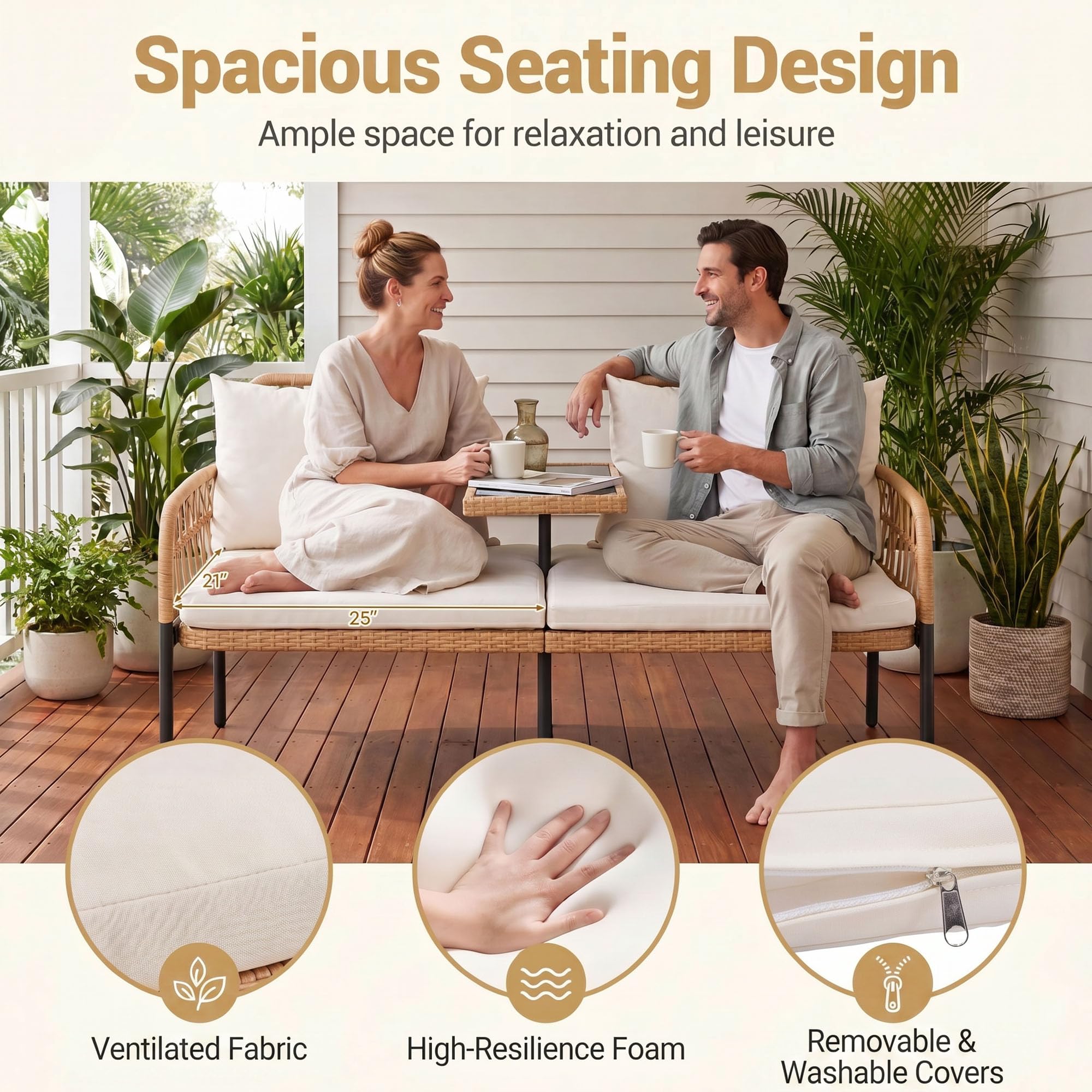 GIANTEX 2-Sitzer Gartenbank mit integriertem Glastisch, wetterfeste Sitzbank aus Polyrattan mit weichen Kissen, belastbar bis 300 kg, Sitzgarnitur für Terrasse, Garten & Veranda, 137 x 64,5 x 84 cm