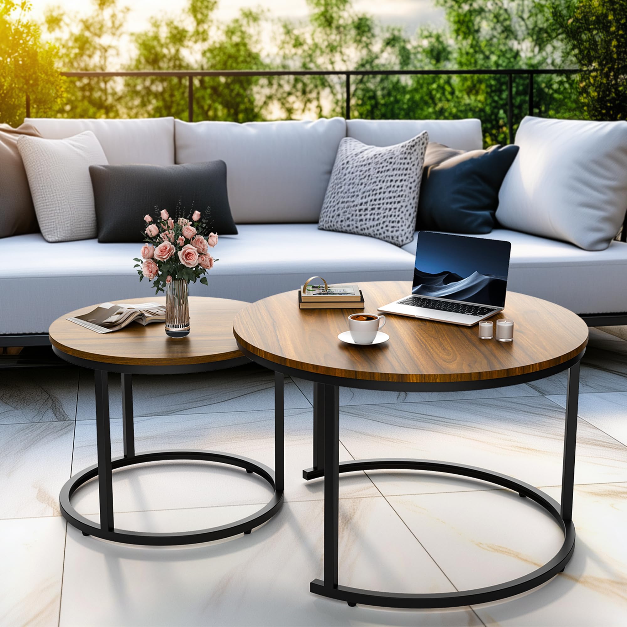 Pamapic 27.5" Nesting Coffee Table,Round Marble Coffee Table Set of 2,Wooden Round Marble Coffee Nesting Table,Circular Modern Coffee Table for Living Room,Bedroom,Balcony,Brown