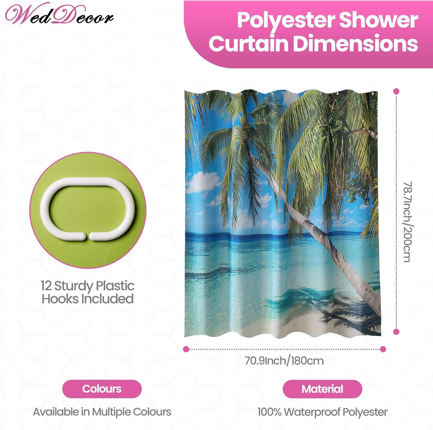 WedDecor Bathroom Shower Curtain Waterproof, Heavy Duty 100% Polyester Fabric Curtains Liner with 12 Curtain Hooks, 180cm x 200cm, Tropical Palm Tree