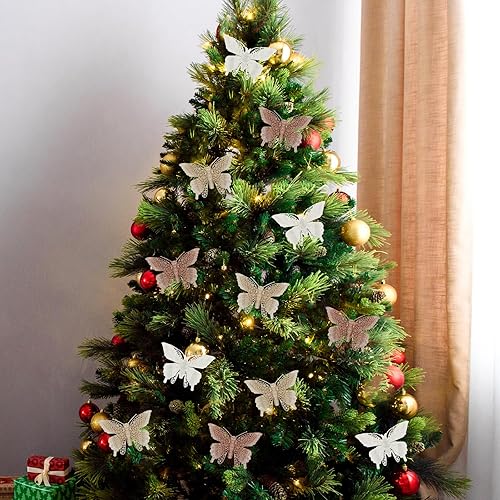 Miniatura 3 de 20 decoraciones de mariposa para árbol de Navidad de 7.1 x 4.7 pulgadas, adornos de mariposa con purpurina hueca, mariposas artificiales colgantes