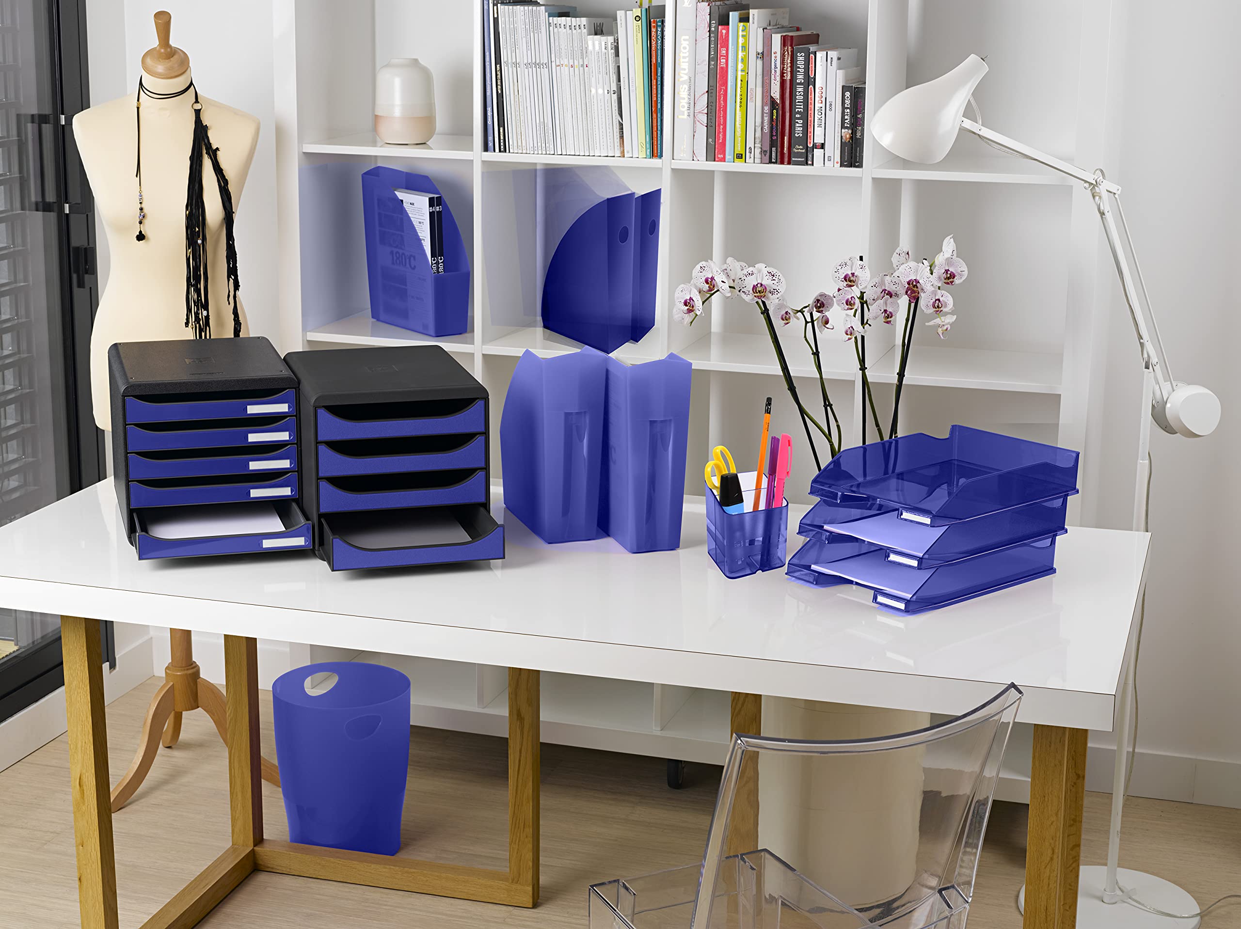Exacompta 310703D Premium Ablagebox mit 4 Schubladen für DIN A4+ Dokumente. Belastbare Schubladenbox mit hoher Kapazität für mehr Platz auf dem Schreibtisch Big Box Iderama Schwarz|Königsblau