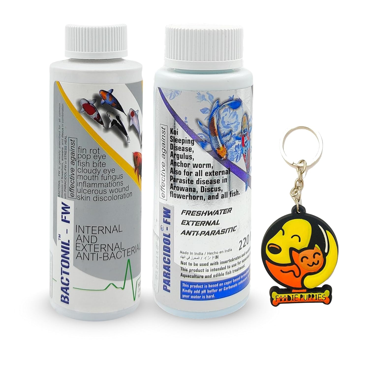 Foodie Puppies Aquatic Remedies 2 in 1 Aquarium Medicine Combo – (Bactonil & Paracidol – 220ml Each) | Anti-Bacterial Effective Fish Skin Treatment Suitable for Fresh Water with Free Key Ring