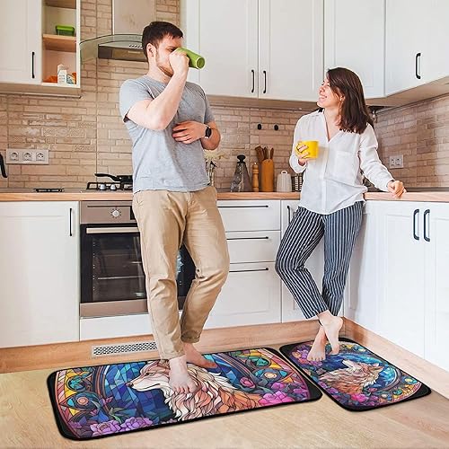 Miniatura 4 de ZENWAWA Stained Glass Wolf Kitchen Mat 2 Pcs Set, Low Pile Kitchen Rugs Cushioned Water Absorbent Washable Floor Mats for Kitchen Sink Laundry Room
