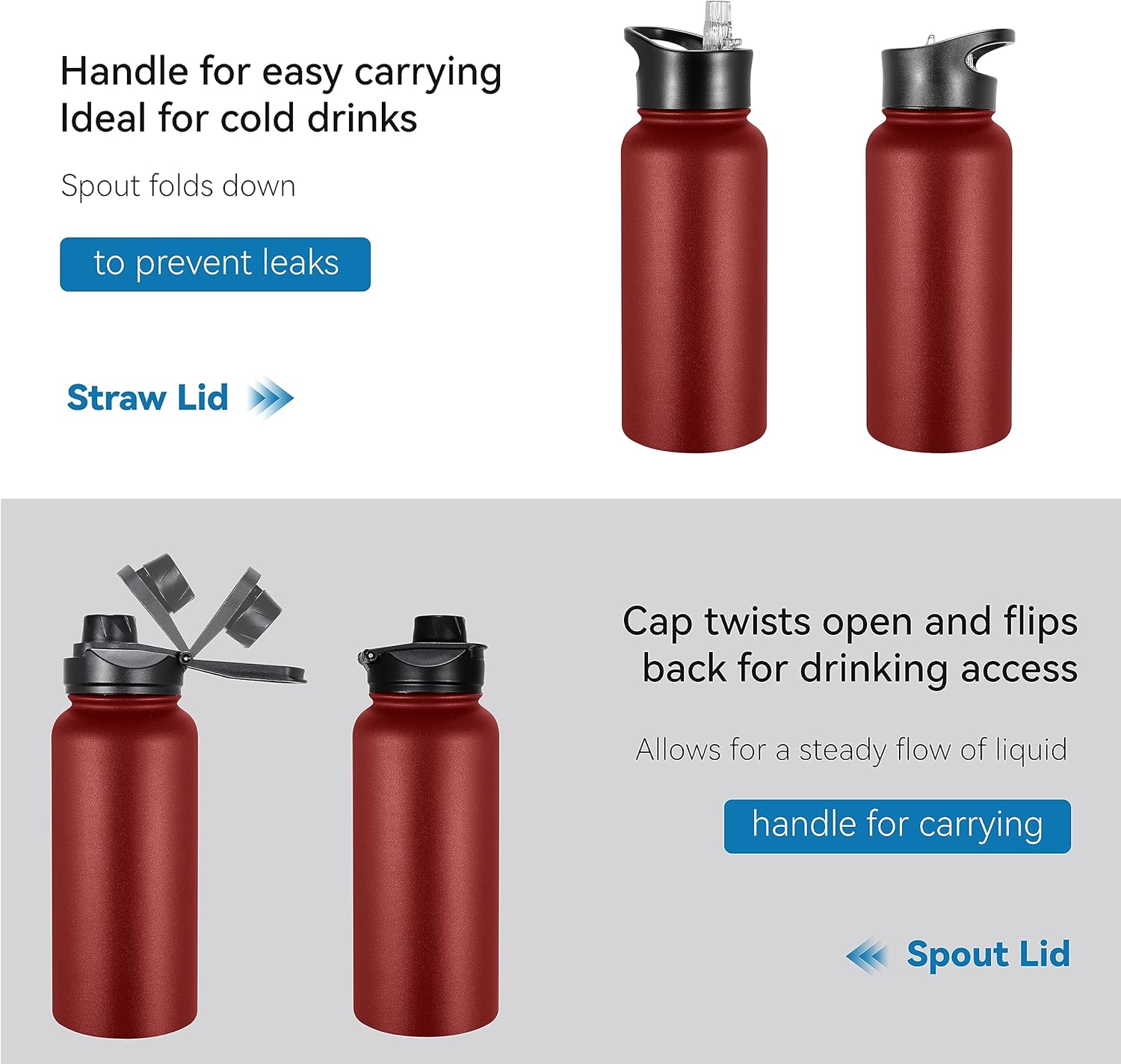 VEGOND 32 oz Insulated Water Bottle Stainless Steel Metal Water Bottles with Leak Proof Straw Lid & Spout Lid, Wide Mouth Double Walled Vacuum Travel Sports Bottle, Red - Image 5