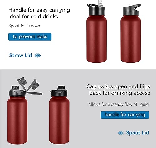 Miniatura 5 de VEGOND Botella de agua aislada de acero inoxidable de 32 onzas con tapa de popote a prueba de fugas y tapa de boquilla, boca ancha, botella de doble