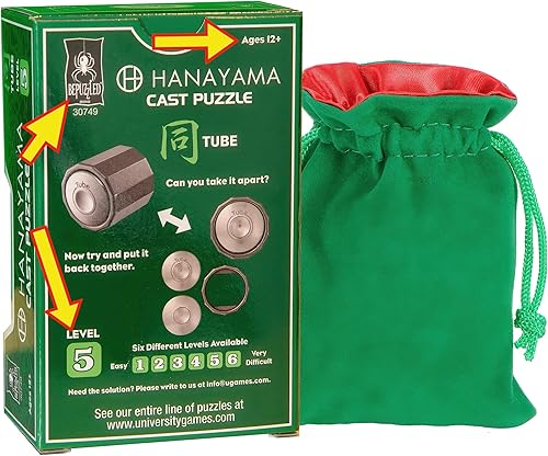Miniatura 2 de Tube Hanayama Puzzle, nuevo 2023, nivel 5, con terciopelo verde, bolsa con cordón forrado de satén rojo, paquete