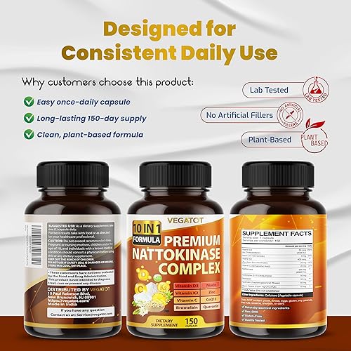 Miniatura 8 de VEGATOT Complejo orgánico de nattoquinasa  Fórmula 10 en 1 vitamina D3, niacina, vitamina K2, zinc, CoQ10, quercetina  Fabricado en los Estados