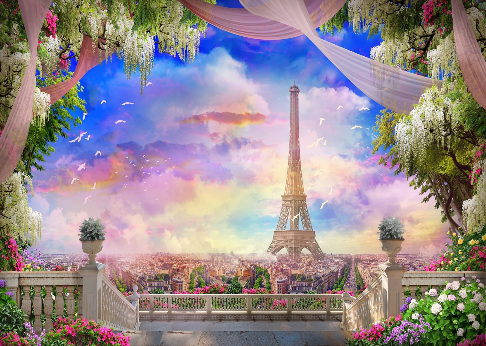CHNYWORK 10ftx8ft Eiffel Tower Backdrop European Paris Balcony Flowers Blooming Peacock Waterfall Sunset Background France Wonderland Birthday Wedding Party Decor Photo Studio Props Wallpaper
