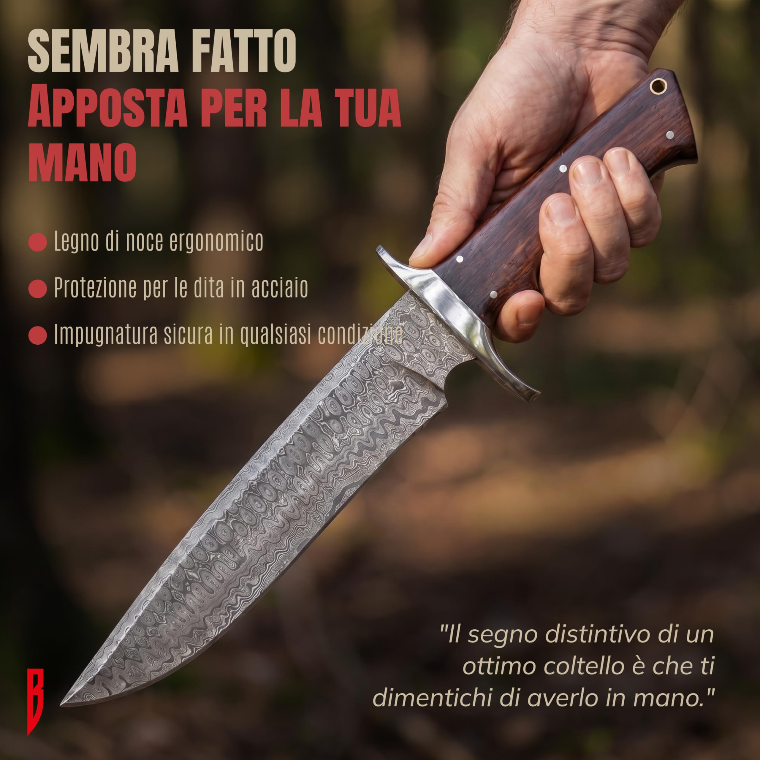 BIGCAT ROAR Patriot - Coltello da Caccia in Acciaio Damasco 35 6 cm - Manico in Legno di Noce e Fodero in Cuoio - Bushcraft Campeggio Sopravvivenza - Regalo Uomo Cacciatore o Collezionista