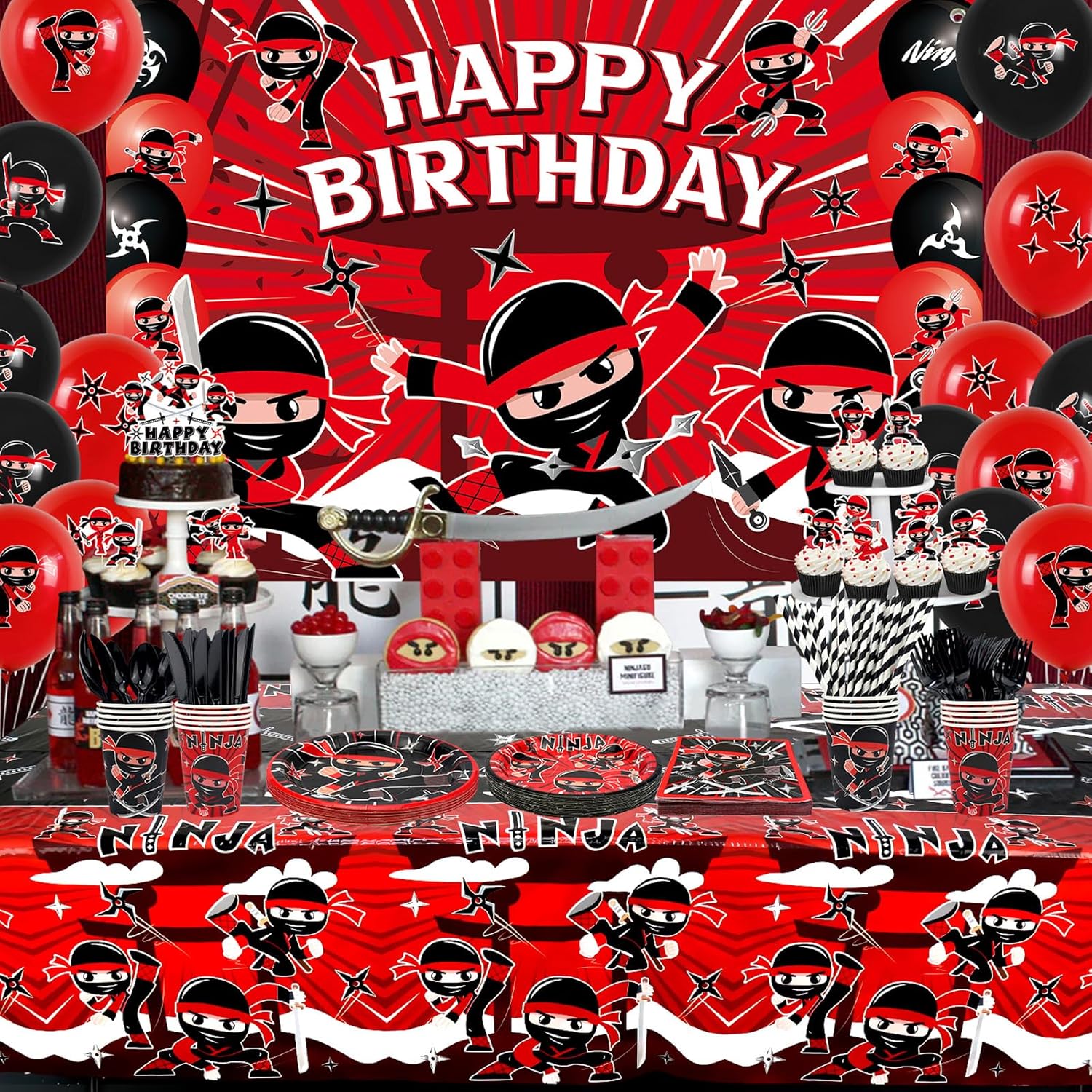 Ninja Birthday Party Decoration, Ninja Happy Birthday Backdrop, Tableware, Tablecloth and Balloons, Karate Party Ninja Warrior Master Party Supplies for Boys Girls Baby Shower, Serves 20