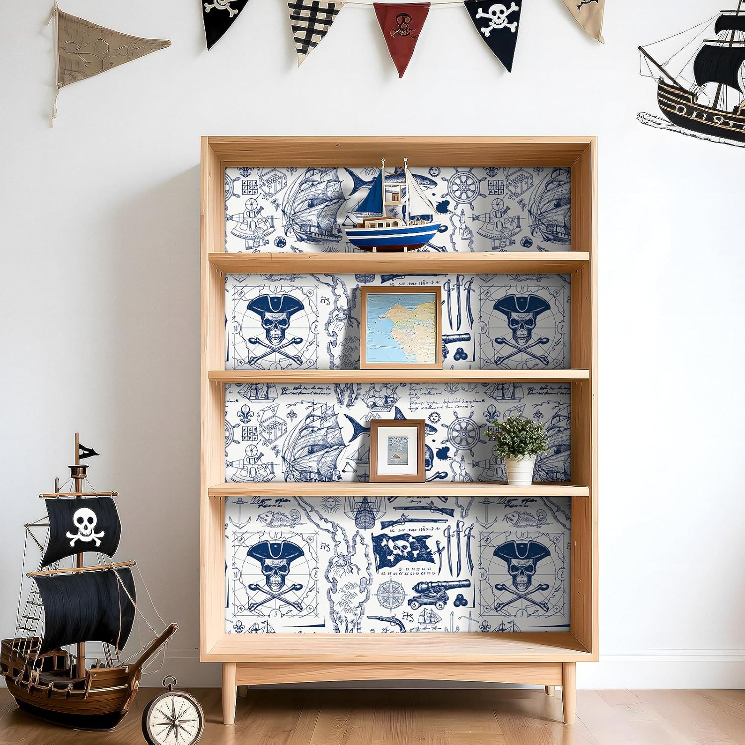 ReWallpaper 17.5in X 23ft Coastal Nautical Peel and Stick Wallpaper Vintage Pirate Ship Wallpaper Waterproof Blue and White Contact Paper for Kitchen Shelves Cabinets Laundry Removable Wall Covering