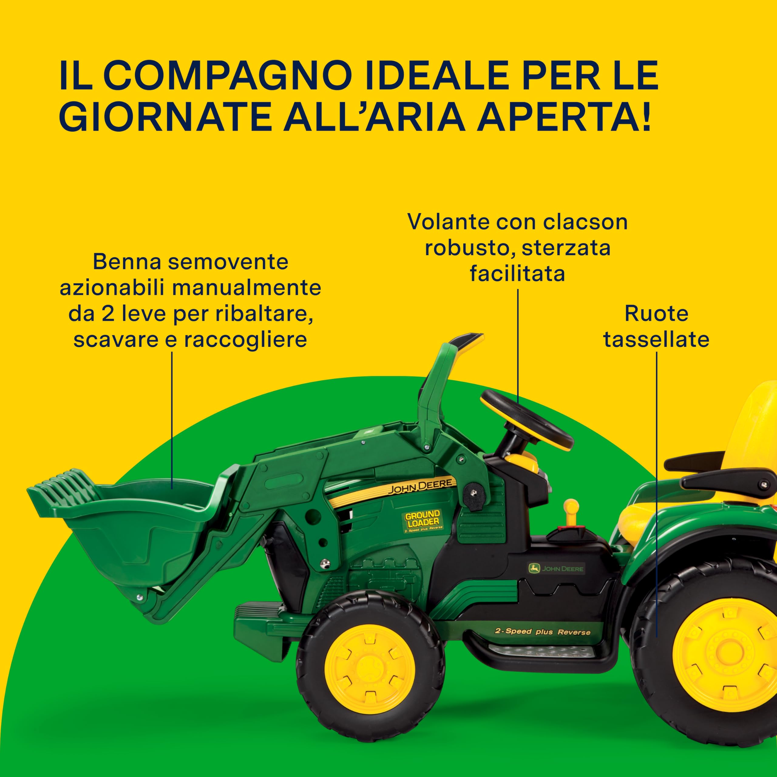PEG John Deere Ground Loader - Trattore Elettrico Cavalcabile per Bambini 3+ Anni con Batteria Ricaricabile 12V, Radio FM e Benna Funzionante