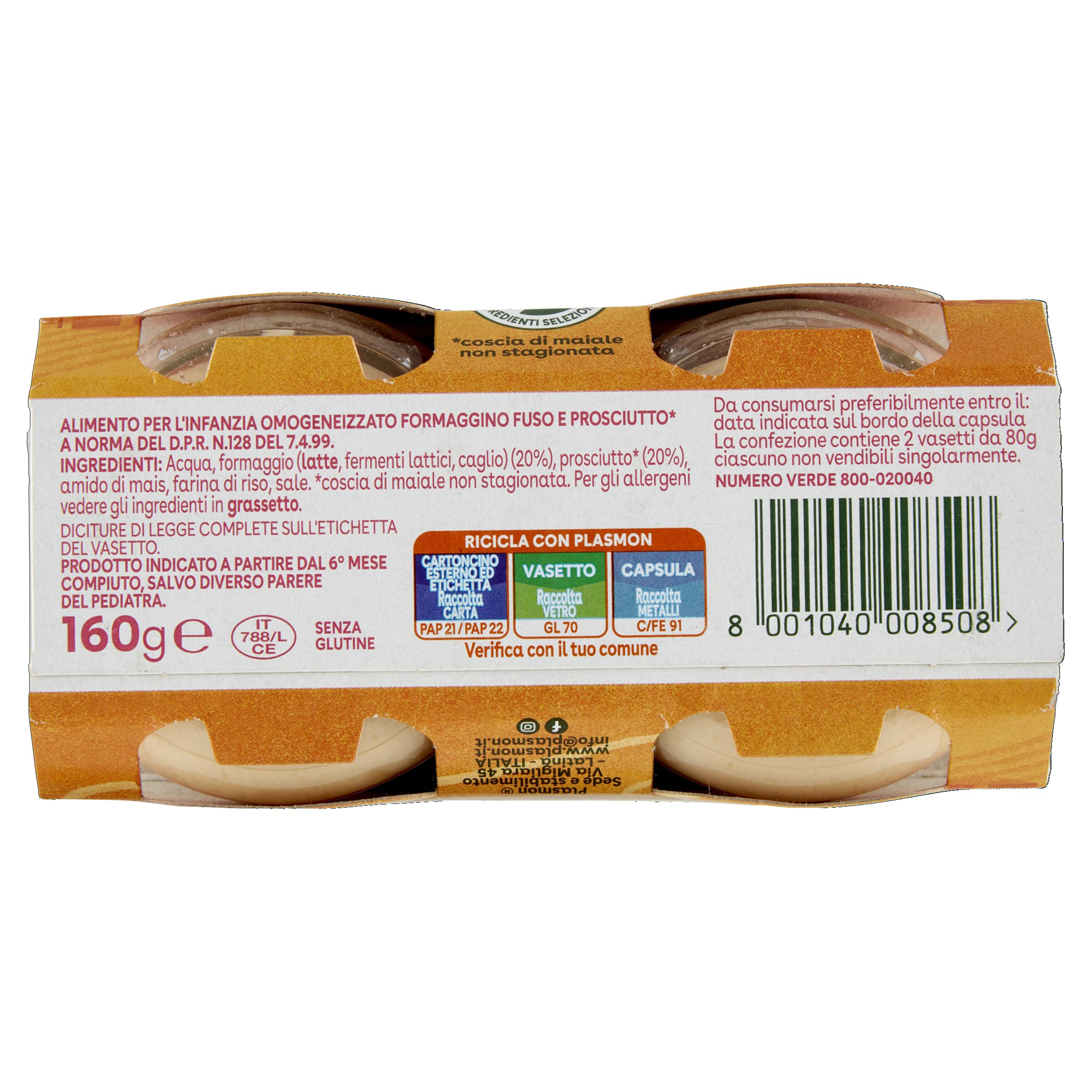 Plasmon Omogeneizzato Formaggino Fuso e Prosciutto 80g 24 Vasetti Con formaggi selezionati, senza aromi aggiunti