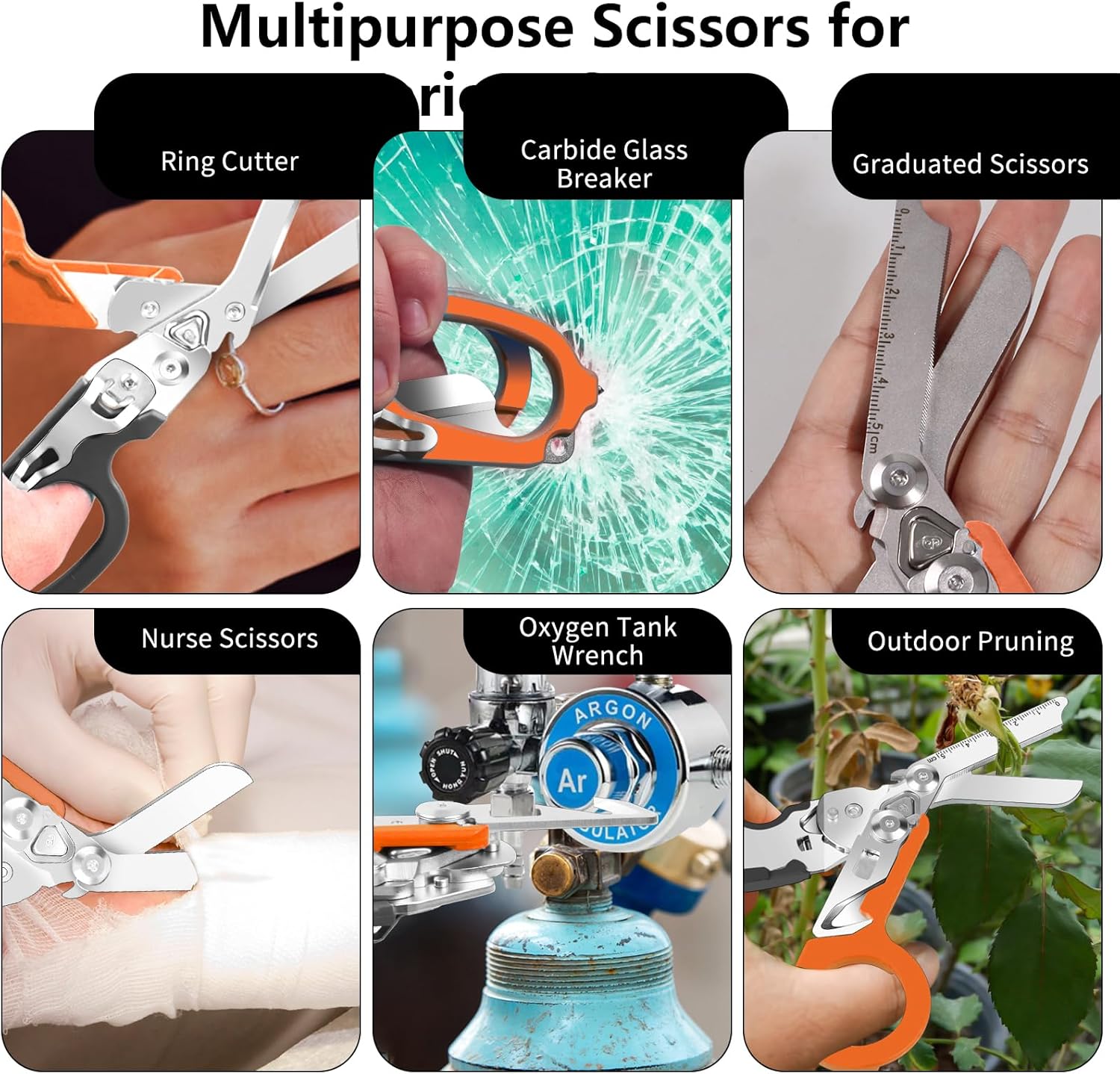 Lenporl 6 In 1 Multi-function Trauma Shears Foldable with Compatible Holster and Penlights,Emergency Trauma Shears with Strap Cutter and Glass Breaker for Outdoor Medical Scissors Tools Black+Orange