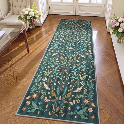 Lahome Washable Insect Botanical 2x6 Runner Rug Dark Green