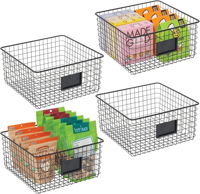 mDesign Square Steel Wired Storage Organizer Bin Baskets with Label Slot for Kitchen Pantry, Cabinet, Organizing Holder for Food, Drinks, Snacks, Produce, Omaha Collection, 4 Pack, Matte Black