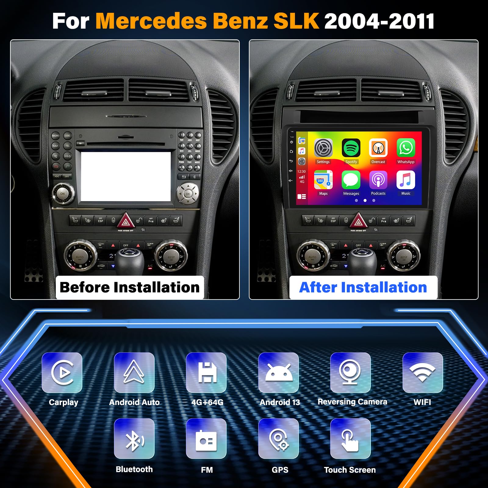 4+64G Android 14 Autoradio Compatible avec Mercedes Benz SLK (2004-2011) avec CarPlay Android Auto Navigation GPS 9 Pouces 2 DIN Radio avec Wi-FI Bluetooth Caméra AHD et Microphone