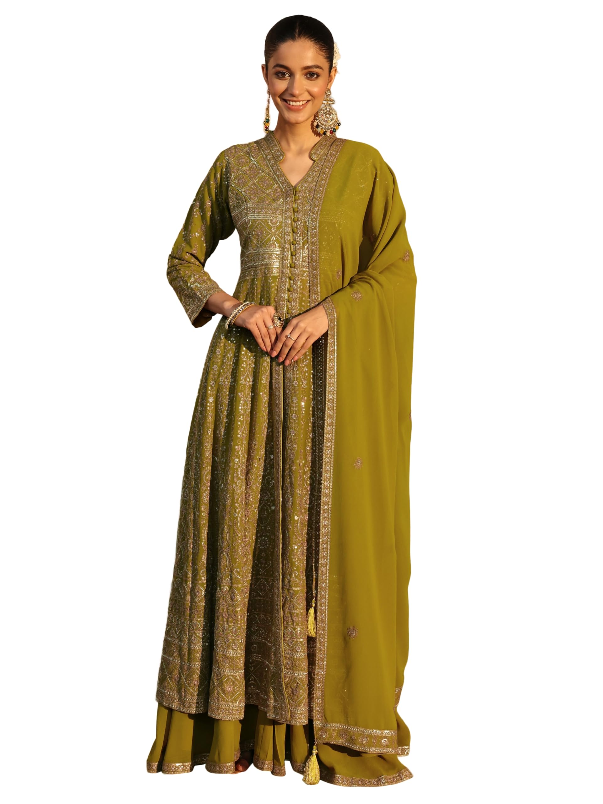 Embroidered Georgette Anarkali Kurta With Palazzos and Dupatta | ethnic wear | bridal suit | occasion wear-image-0