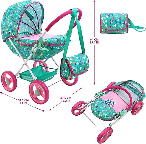Miniatura 4 de Baby Alive Cochecito de muñeca clásico de lujo, verde, rosa, corazones, accesorio para muñecas de hasta 18 pulgadas, bolsa de hombro a juego,