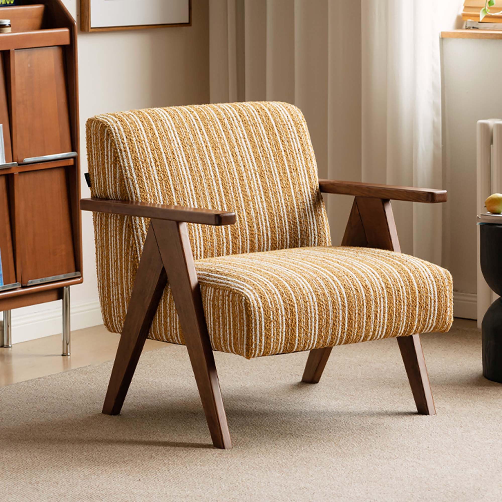 YESWOOD Sessel Wohnzimmer, Gepolsterter Loungesessel mit Massivholzrahmen, Stilvoller Lesesessel für Wohnzimmer, Schlafzimmer & Balkon, Gelb/Weiß Streifen – 79T x 74B x 82H cm