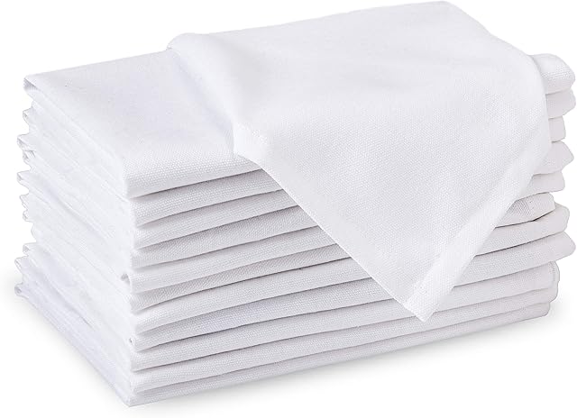 Encasa Kitchen Dining Table Napkins 12 Pack (43x43 cm) 100% Cotton Premium Quality, Washable, Square - Reusable Solid Dinner Cloth Napkins for Home, Restaurants, Parties & Everday Use - White.