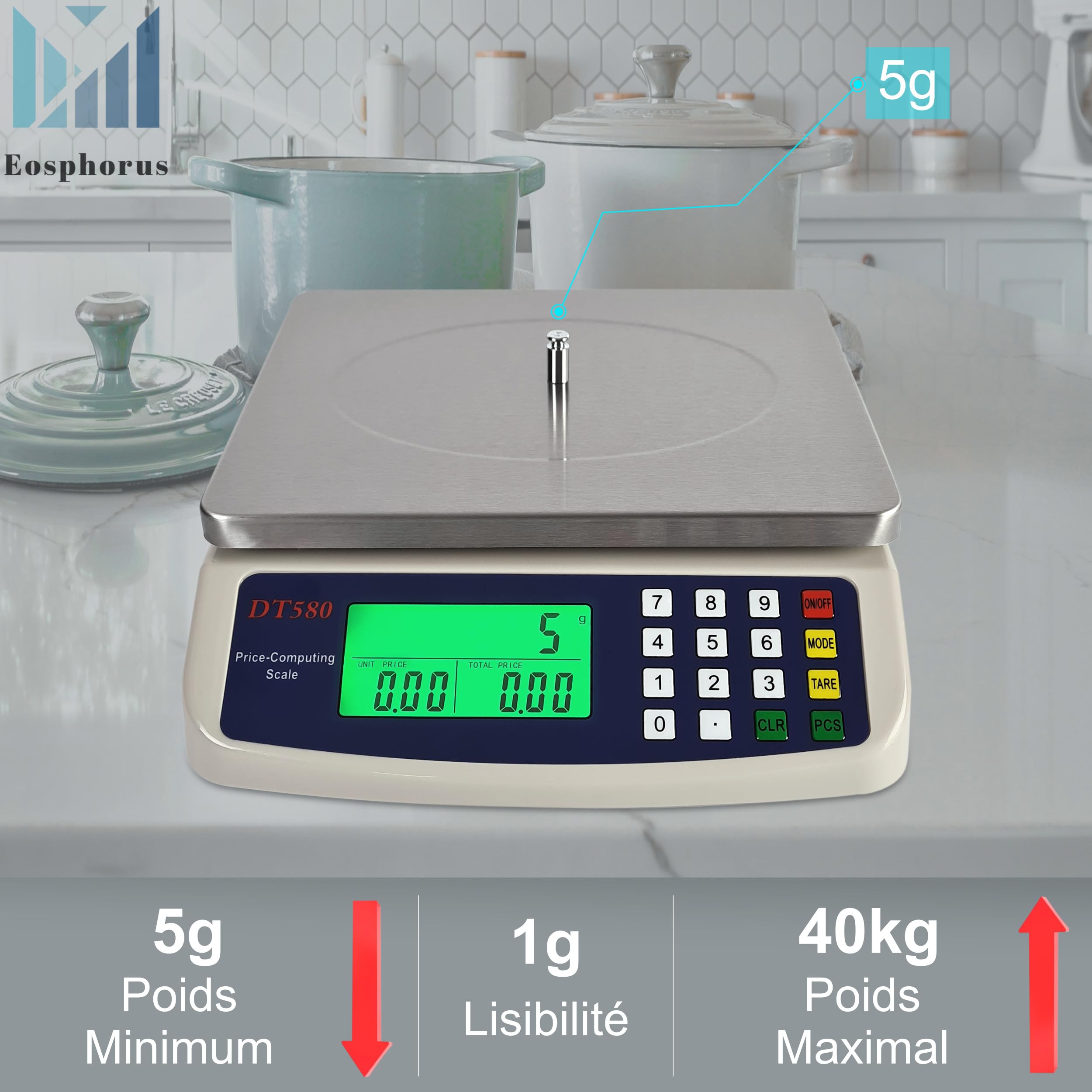Balance Commerciale Poids-Prix 40kg/1g pour Restaurant, Traiteur, Marché
