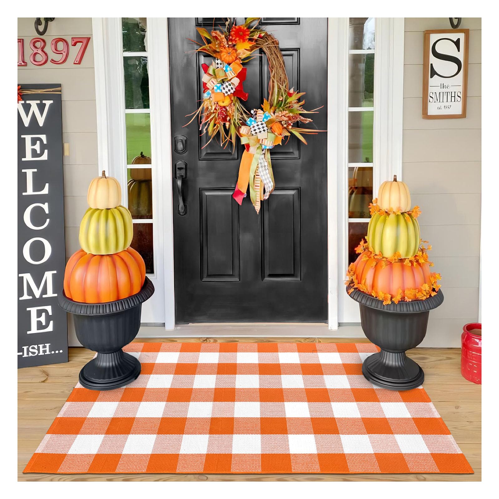 EARTHALL Buffalo Plaid Outdoor Rug Orange and White 3'x 5', Cotton Hand-Woven Checkered Fall Door Mat, Reversible Foldable Washable for Layered Mats Porch/Front (35.4''x59'') Orange and White Plaid