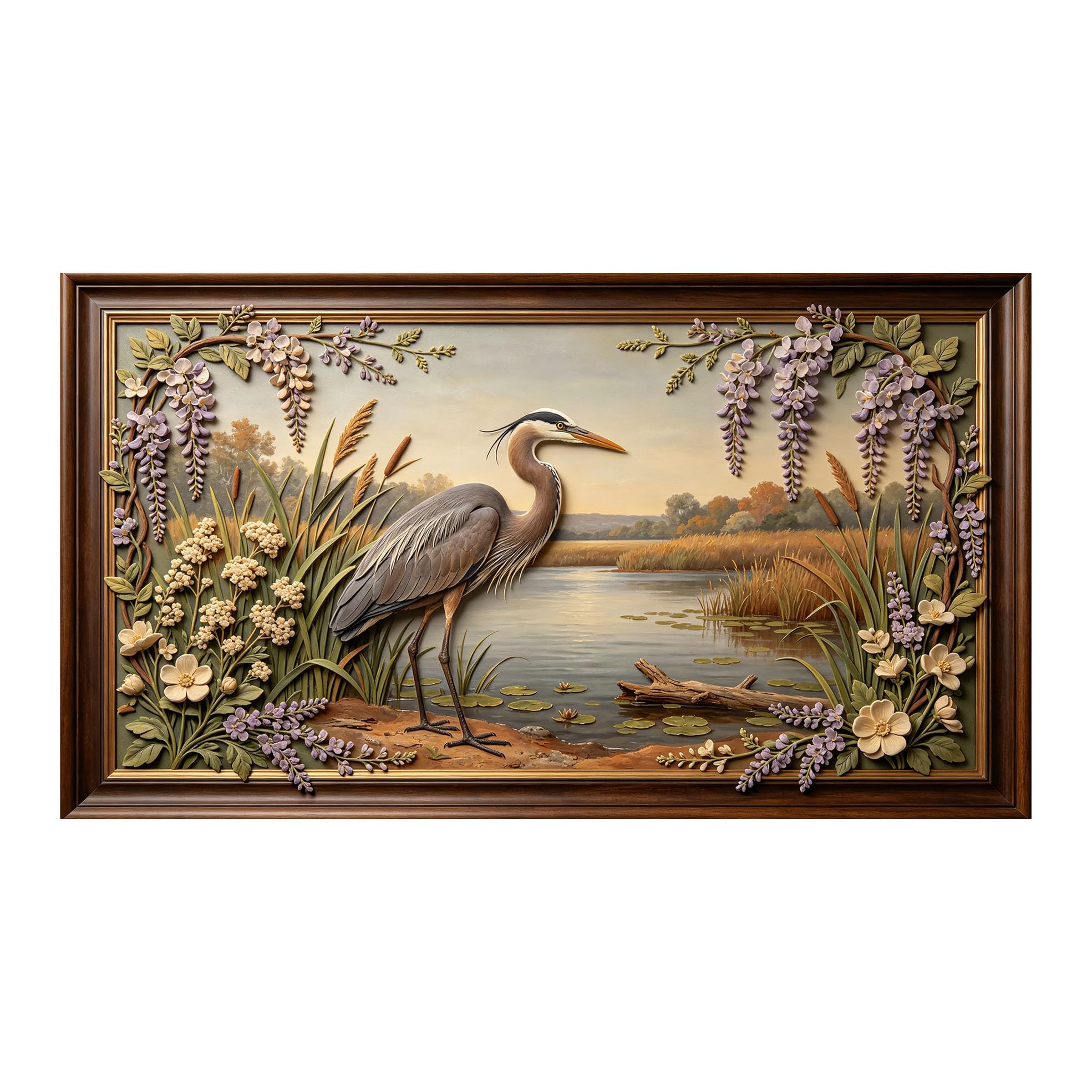 Murasolite 3D 3D Framed Wall Art 50cm×90cm Heron by Lakeside Pastoral Landscape Oil Painting SelfAdhesive Fabric Mural Wall Decor, Peel and Stick No Damage to Wall for Bedroom Living Room