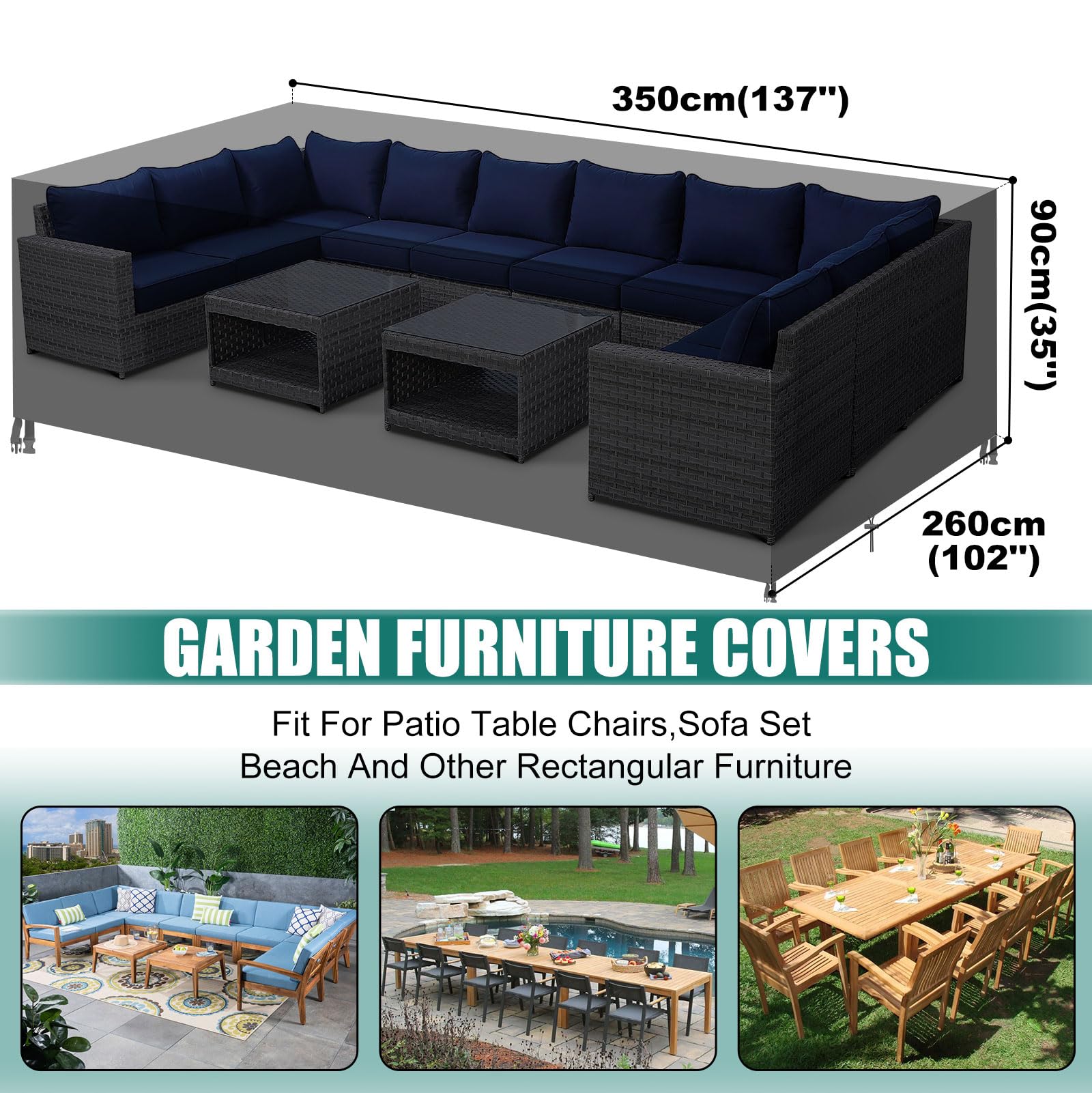 GARPROVM Fodera per salotto da giardino 600 D, in tessuto Oxford per mobili, copertura da giardino, impermeabile, copertura di protezione con corda e fibbia di bloccaggio(350 x 260 x 90 cm)