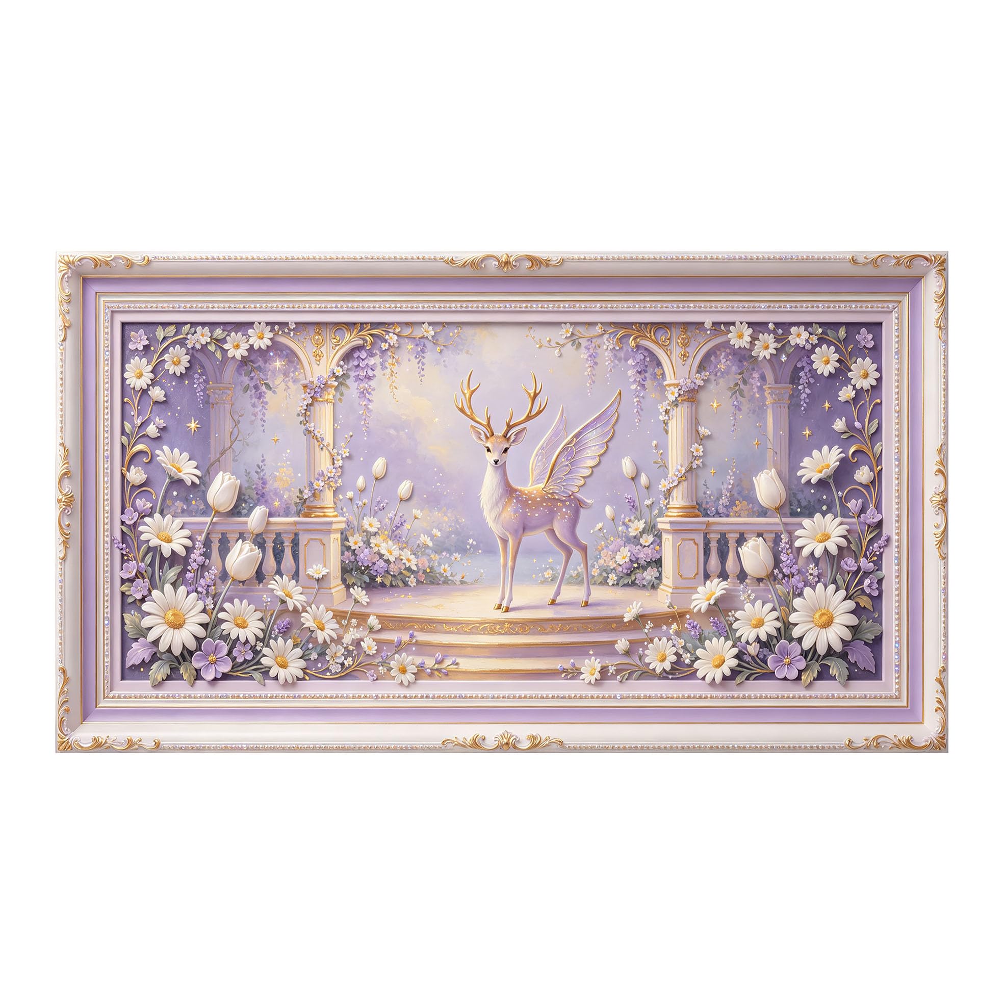 Yzpallescene 3D 3D Framed Wall Art 50cm×90cm Fantasy Deer Garden European Classic Floral Acrylic Painting Large Size SelfAdhesive Removable Wall Decor Prints Artwork for Living Room Bedroom Office