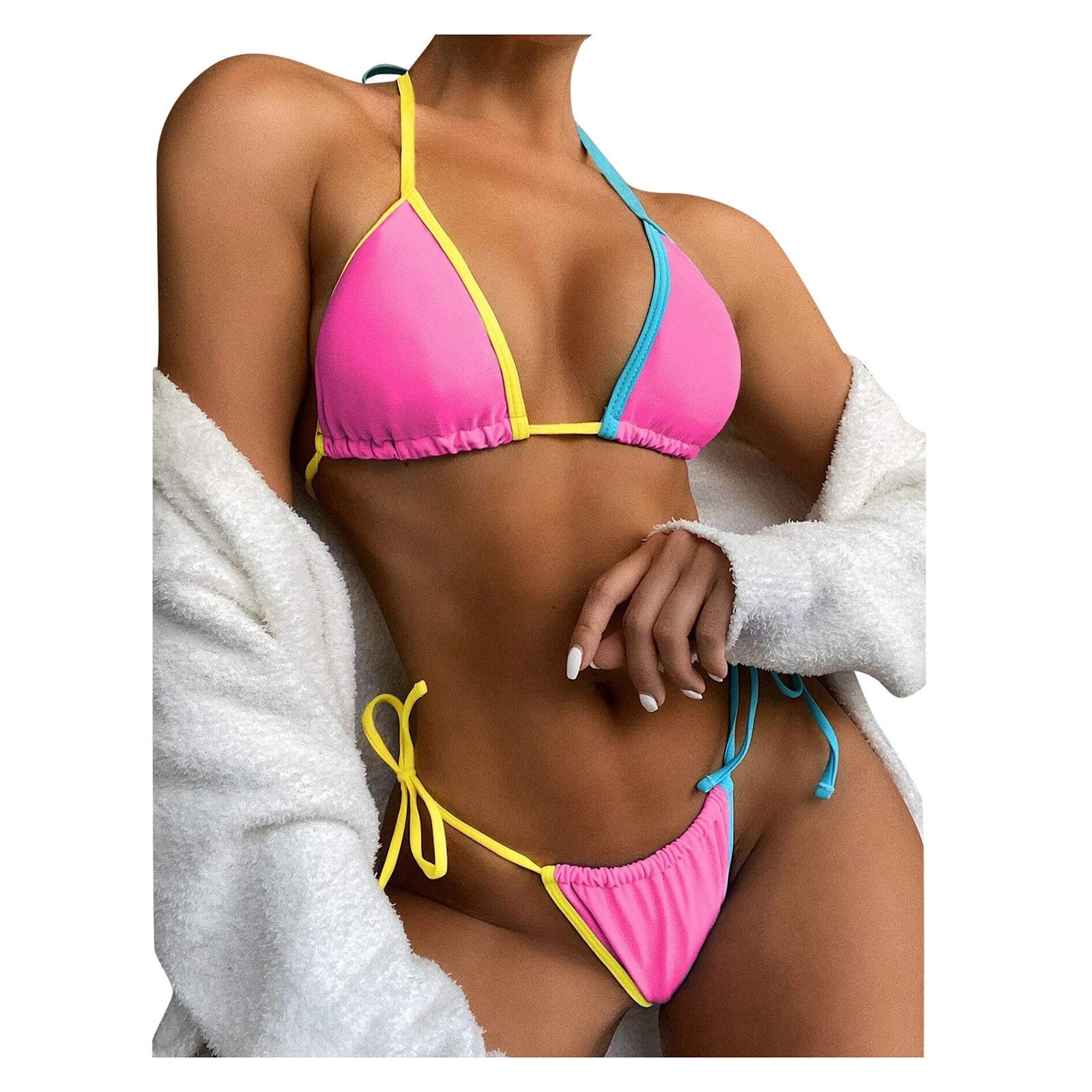 Patchworkowe stringi mikro bikini damskie seksowne bandażowe bikini Set Push Up wyściełane stroje kąpielowe strój kąpielowy z wysokim stanem (kolor: czarny, rozmiar: mały) (różowy S)