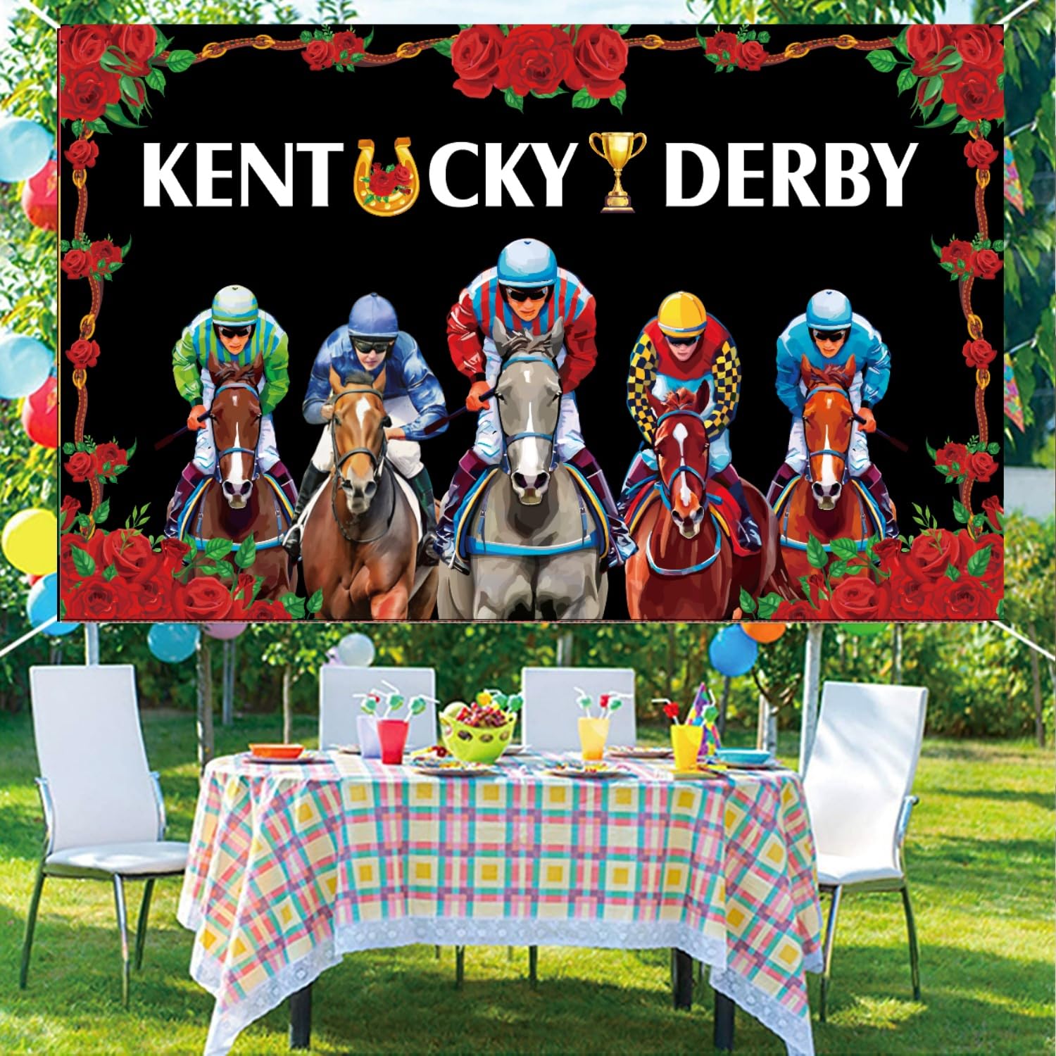 LOONELO Kentucky Derby Backdrop Red Rose Garden Run for The Roses Photography Background 70.8×43.3inch, Churchill Downs Horse Racing Racetrack Banner