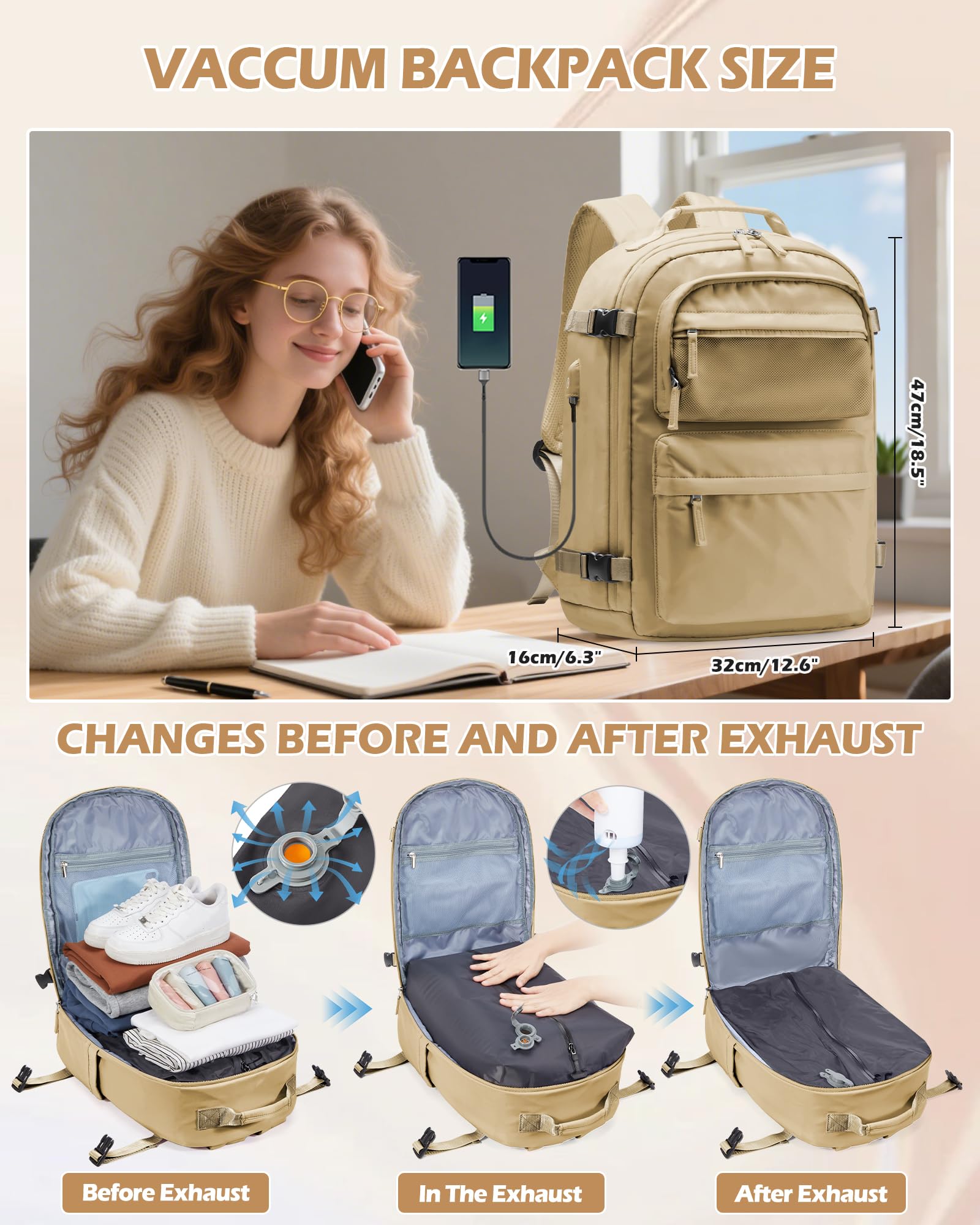 BJLFS Borse da Cabina per Ryanair 40×30×20 Zaino da Viaggio con Sottovuoto Bagaglio a Mano 40x20x25 Easyjet 45×36×20,Zaino con sistema di compressione,Zaino Casual per laptop da 14 pollici per scuola