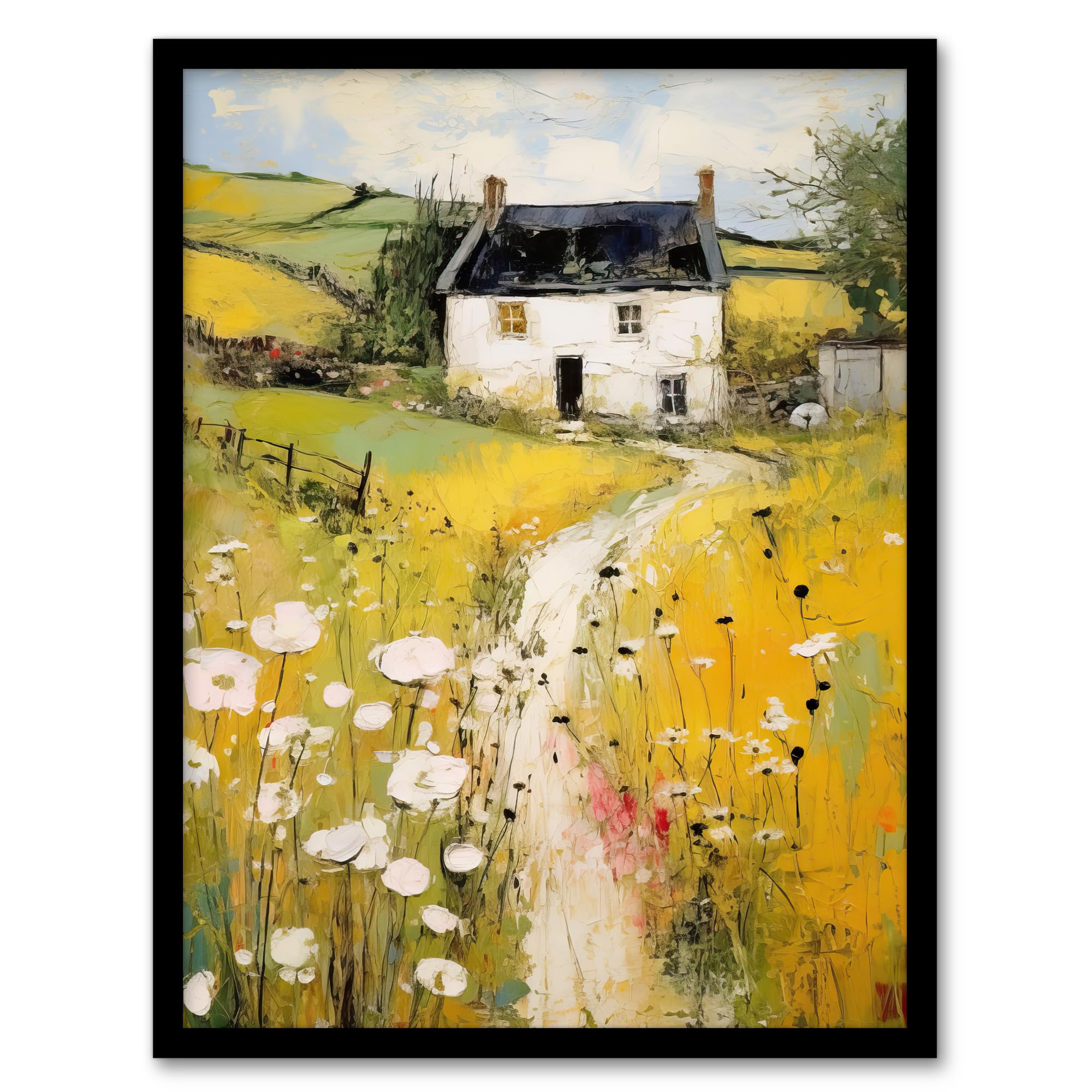 Artery8 Welsh Countryside Cottage Rolling Hills And Wildflowers Bright Oil Painting Art Print Framed Poster Wall Decor 12x16 inch