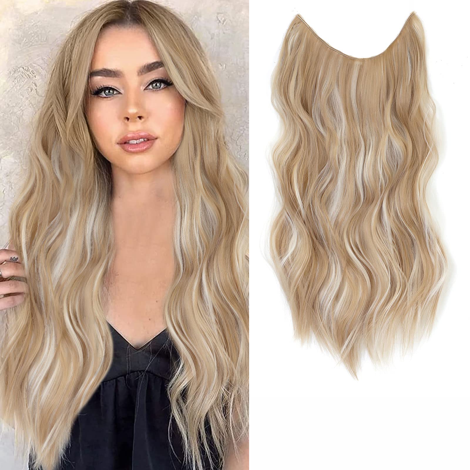 BUPPLER Halo Hair Extensions 20 Inch Invisible Wire Hair Extensions Adjustable Long Wavy Hairpiece Synthetic Upgrade 4 Secure Clips in Hairpieces 20 Inch,Dark Golden Mix Platinum Blond