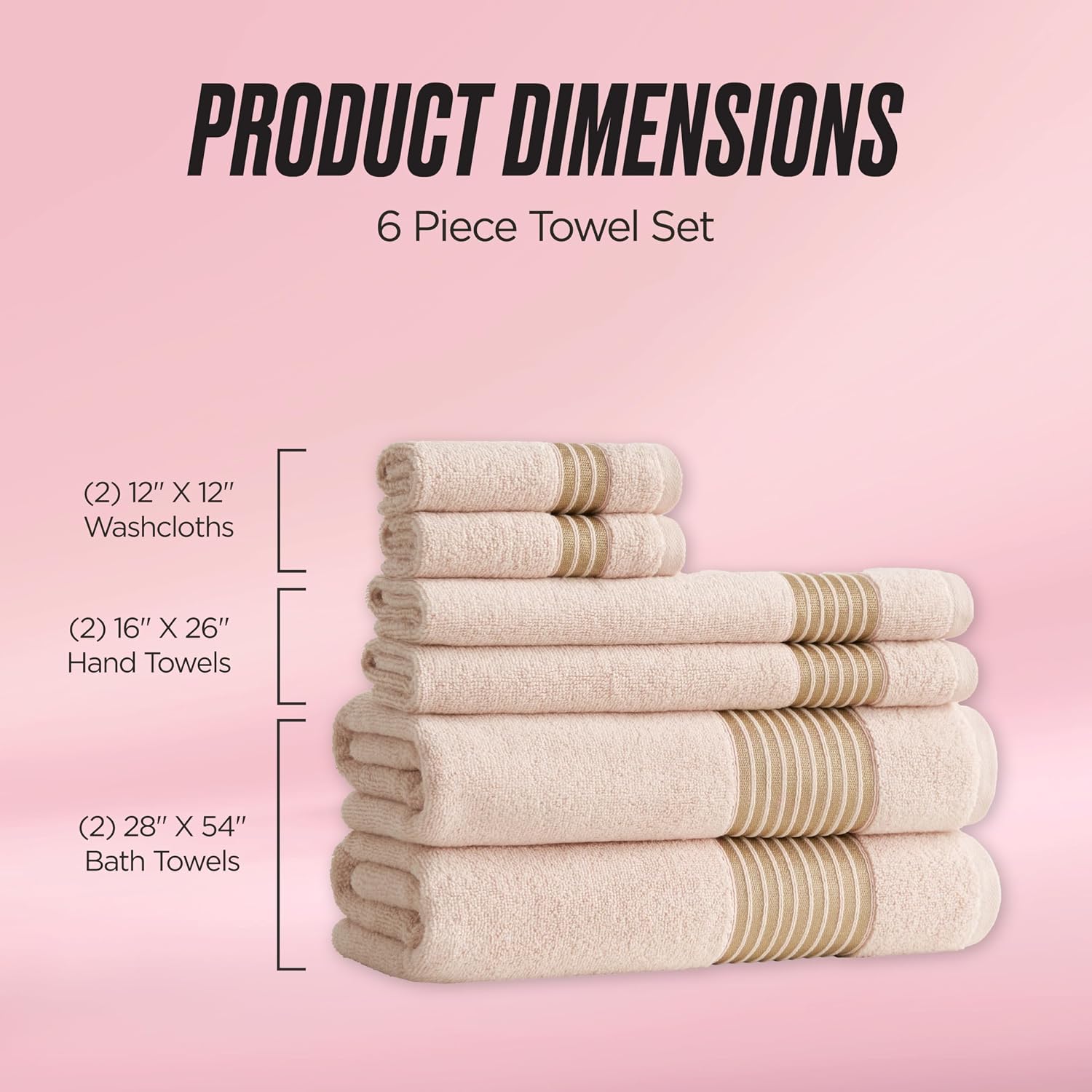 Juicy Couture Melissa 6-Piece Bath Towel Set, Crystal Pink – Includes (2) 28"x54" Bath Towels, (2) 16"x26" Hand Towels, (2) 12"x12" Washcloths