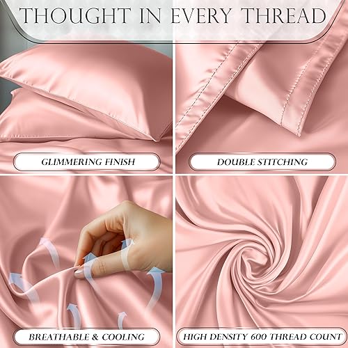 Miniatura 10 de DECOLURE Juego de sábanas de satén a rayas tamaño Queen, 4 piezas, lujosas sábanas de tacto de seda, tamaño Queen, satén sedoso y suave para todas