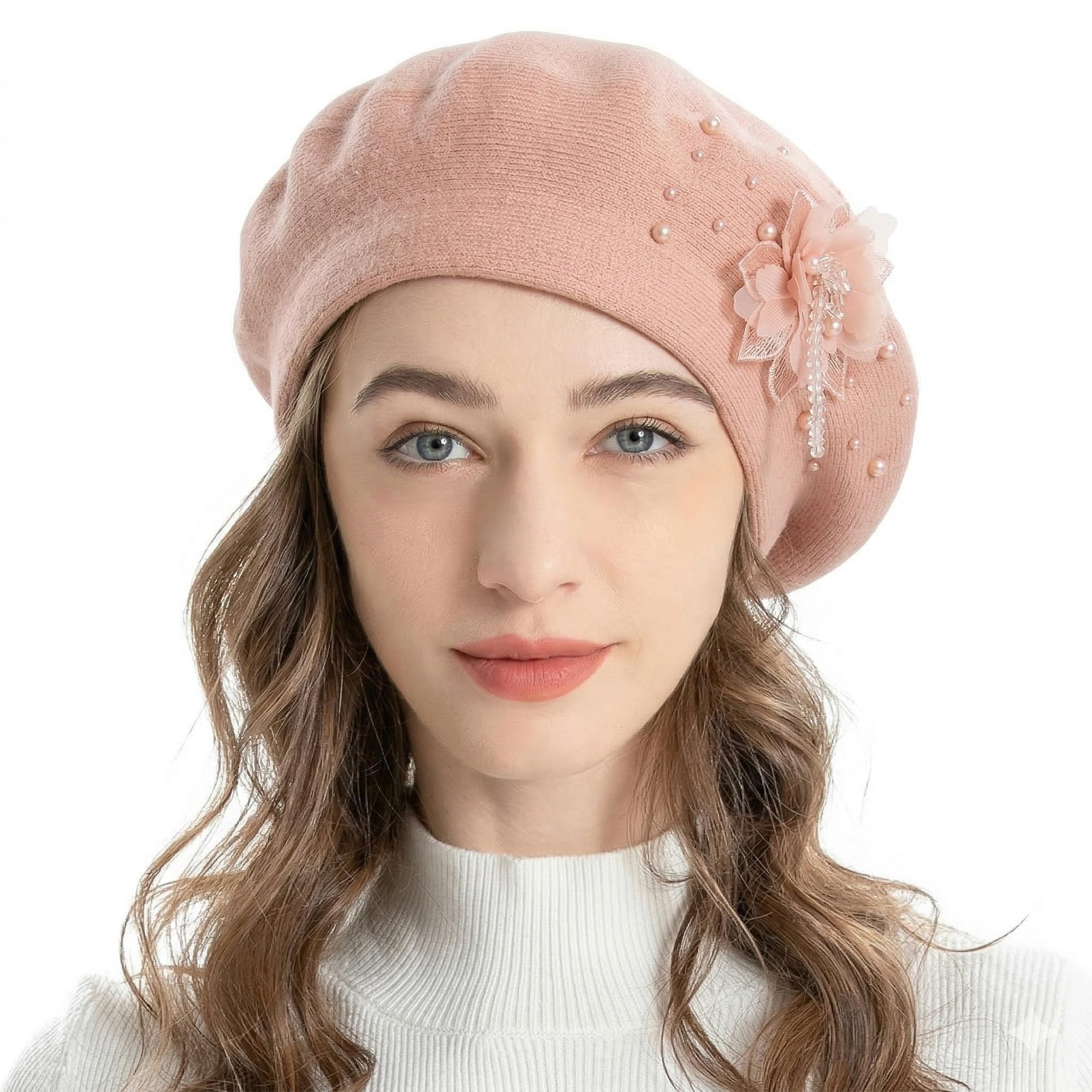 ZLYC Womens French Beret Hat Reversible Solid Color Cashmere Mosaic Warm Beret Cap(Flower Pendant Pink),One Size
