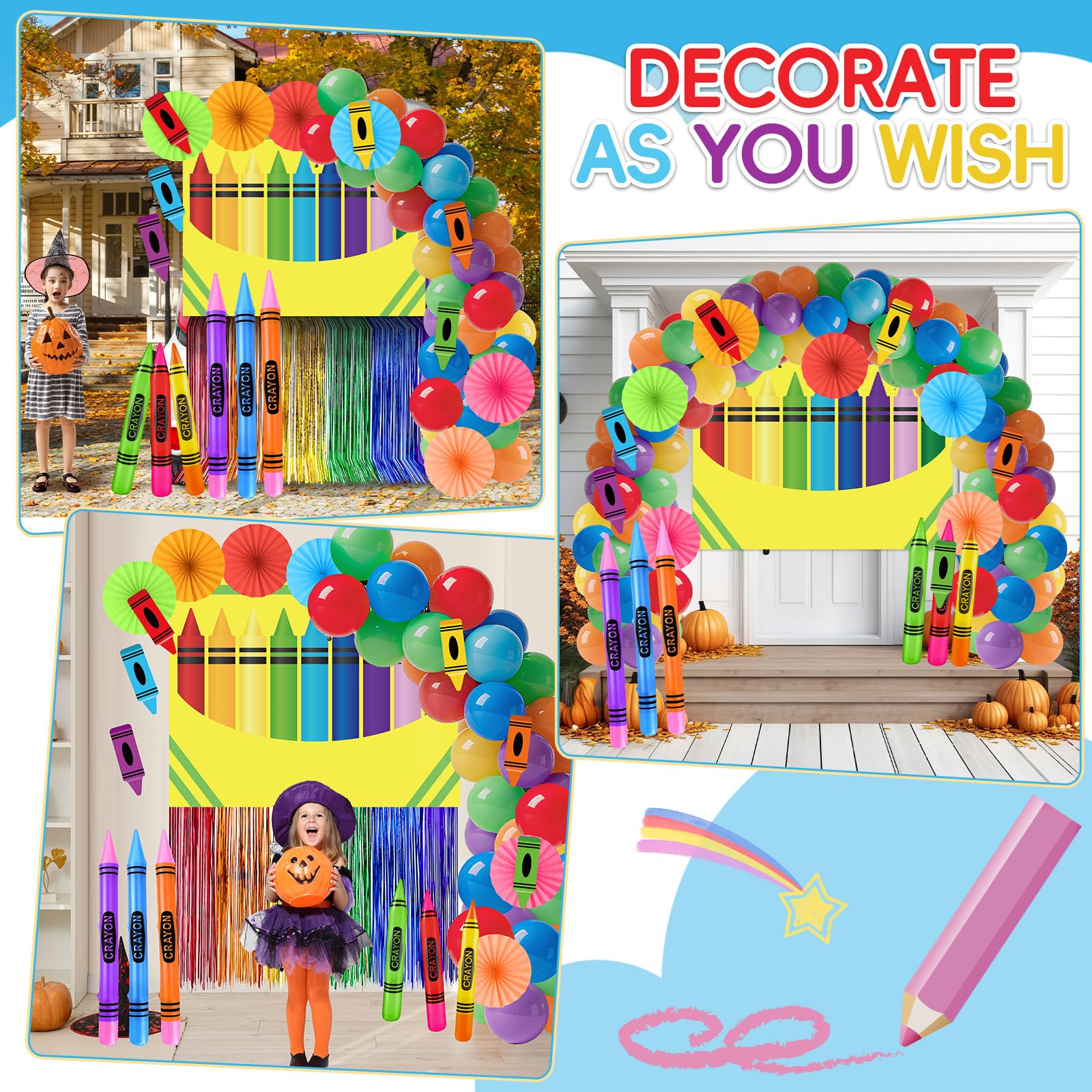 85 Stück Buntstifte, Halloween-Dekoration für Kofferraum oder Leckereien, bunte Buntstifte, Hintergrund, aufblasbare Buntstifte, Regenbogen-Folie, Fransenvorhang, Papierfächer, Luftballons, Aufkleber