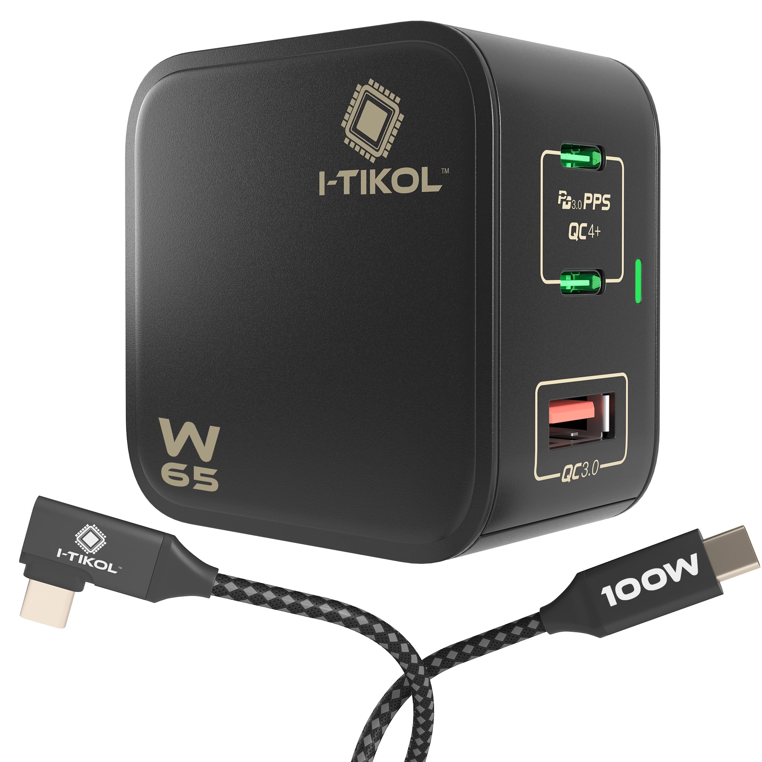 I-TIKOL 65W USB C Charger Block 3 Port - Foldable GaN Fast Charger with Cable Type C - PD 3.0 PPS QC 4+ Wall Charger Adapter for MacBook Air/Pro, Dell XPS, iPad Pro, iPhone 14/Pro/Max, A1901-04