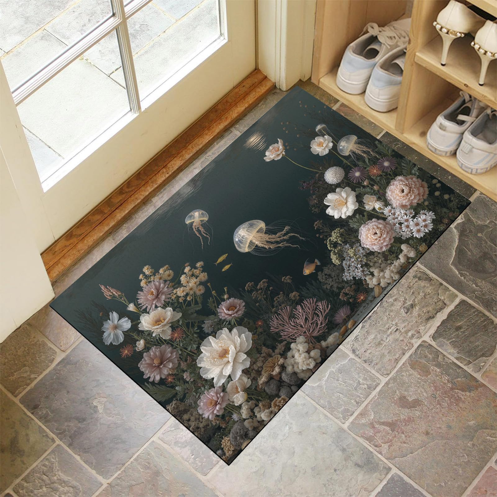 Tapis de porte méduses vert 80x120 cm | Paillasson d'entrée intérieur