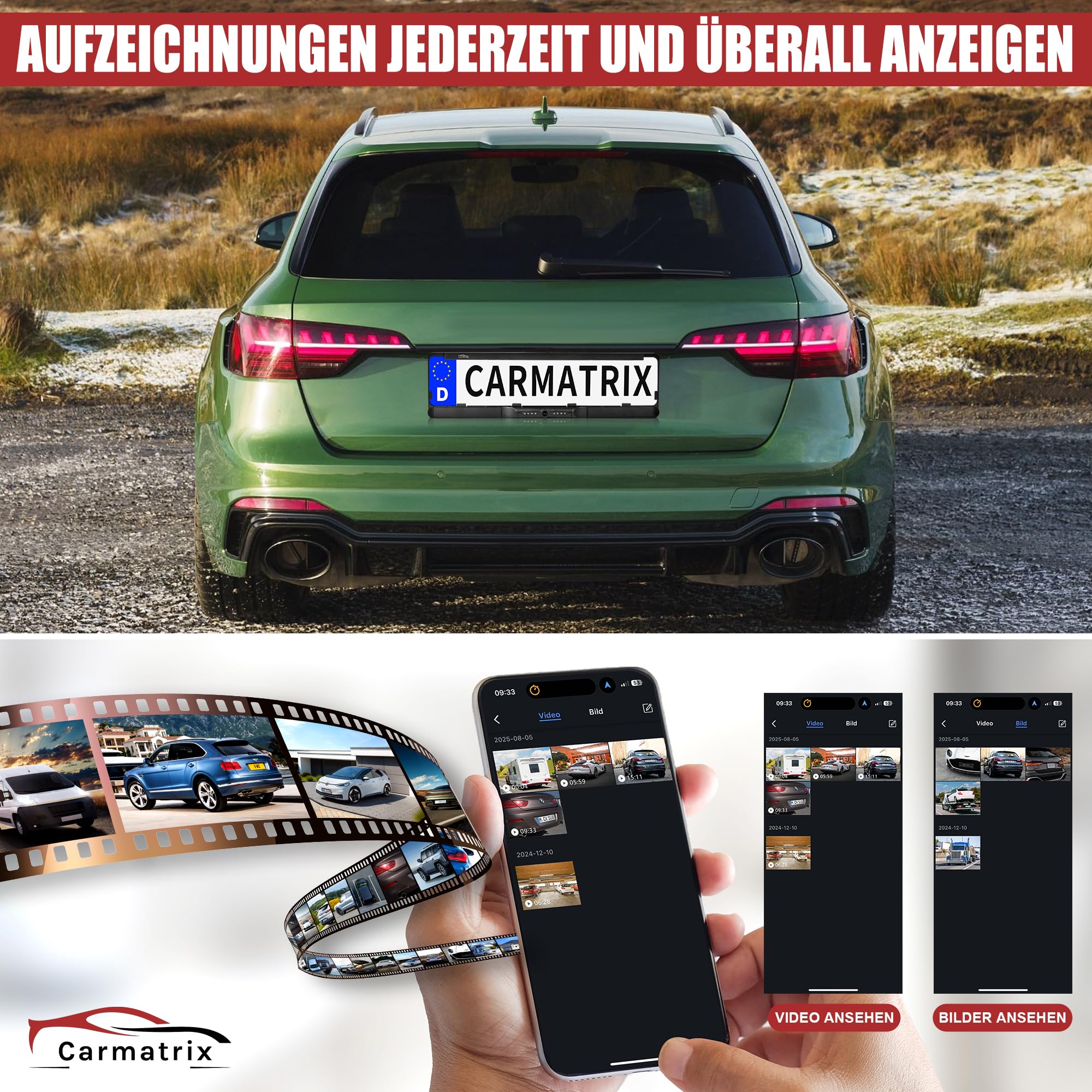 WLAN Funk Rückfahrkamera im Kennzeichenhalter HD Rückfahrsystem App-Steuerung iOS Android KI Erkennung IR Nachtsicht