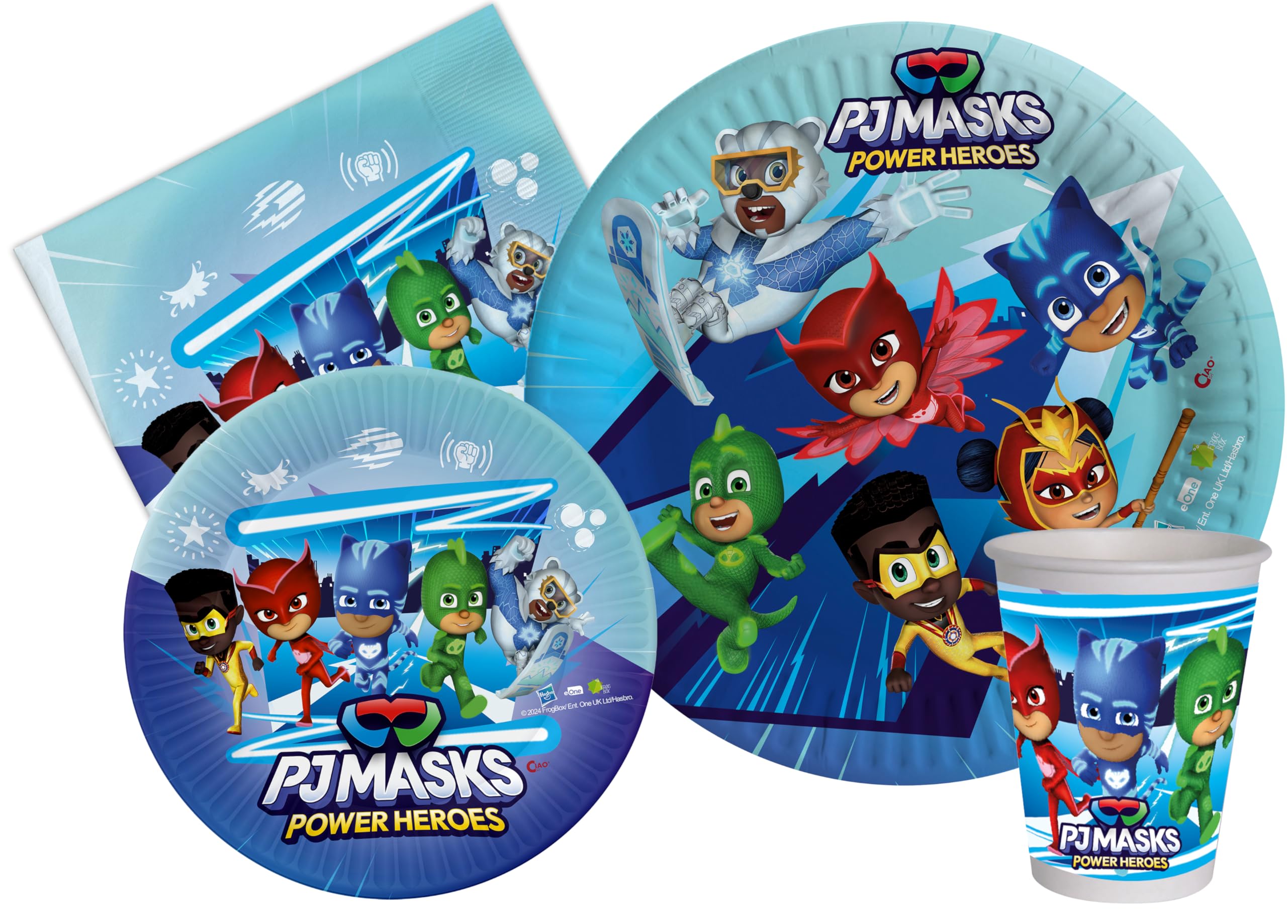 Kit Party Tavola PJ Masks per 24 persone (112 pezzi: 24 piatti Ø23cm, 24 piatti Ø18cm, 24 bicchieri 250ml, 40 tovaglioli 33x33cm) in carta compostabile eco-friendly