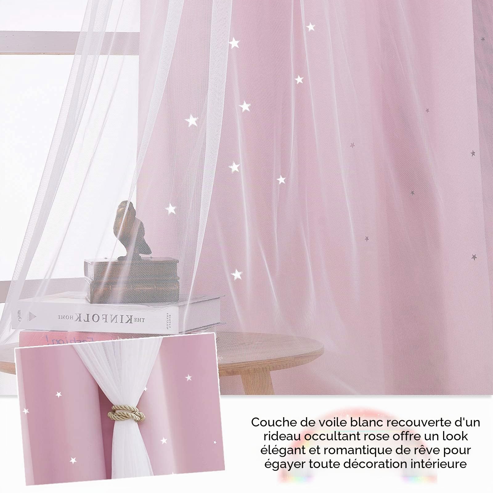 NICETOWN Rideaux Rose Occultant - Double Rideaux Décoration du Maison Chambre Fille Etoile Motif Perforées 2 Couches avec Voilage Blanc, L 132 sur H 240 cm, Rose Clair, 2 PCs