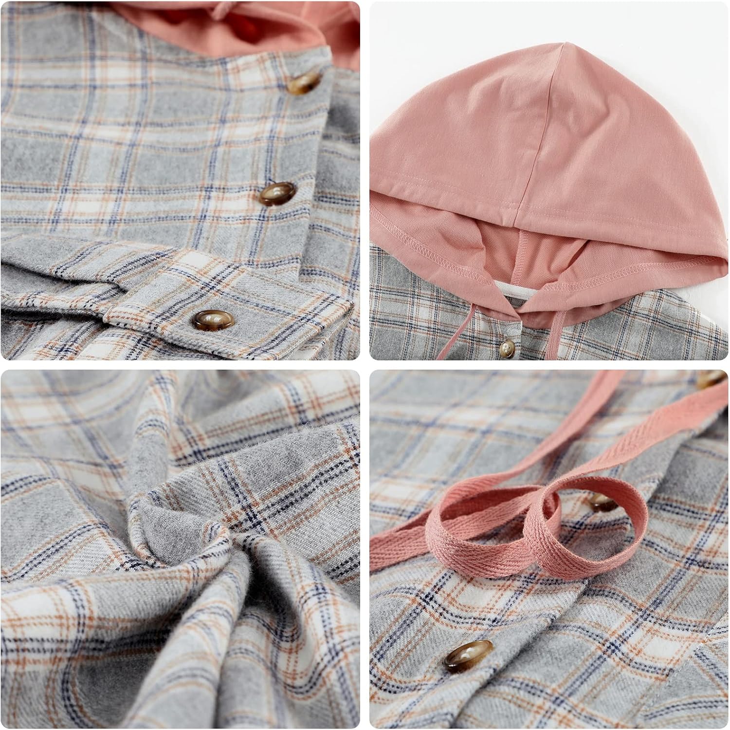Women Plaid Hooded Shirt Drawstring Flannel Sweatshirt Hoodie Jacket Casual Button Down Blouse Tops with Pocket - Image 6