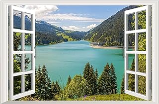 3D Lake View Fake Window Wall Stickers, Nature Mountain Forest Lake Mural, Wall Decals for Living Room, Bedroom, Dining Room Home Window Landscape Wallpaper Decor, Peel and Stick Removable,23.6”×35.4”
