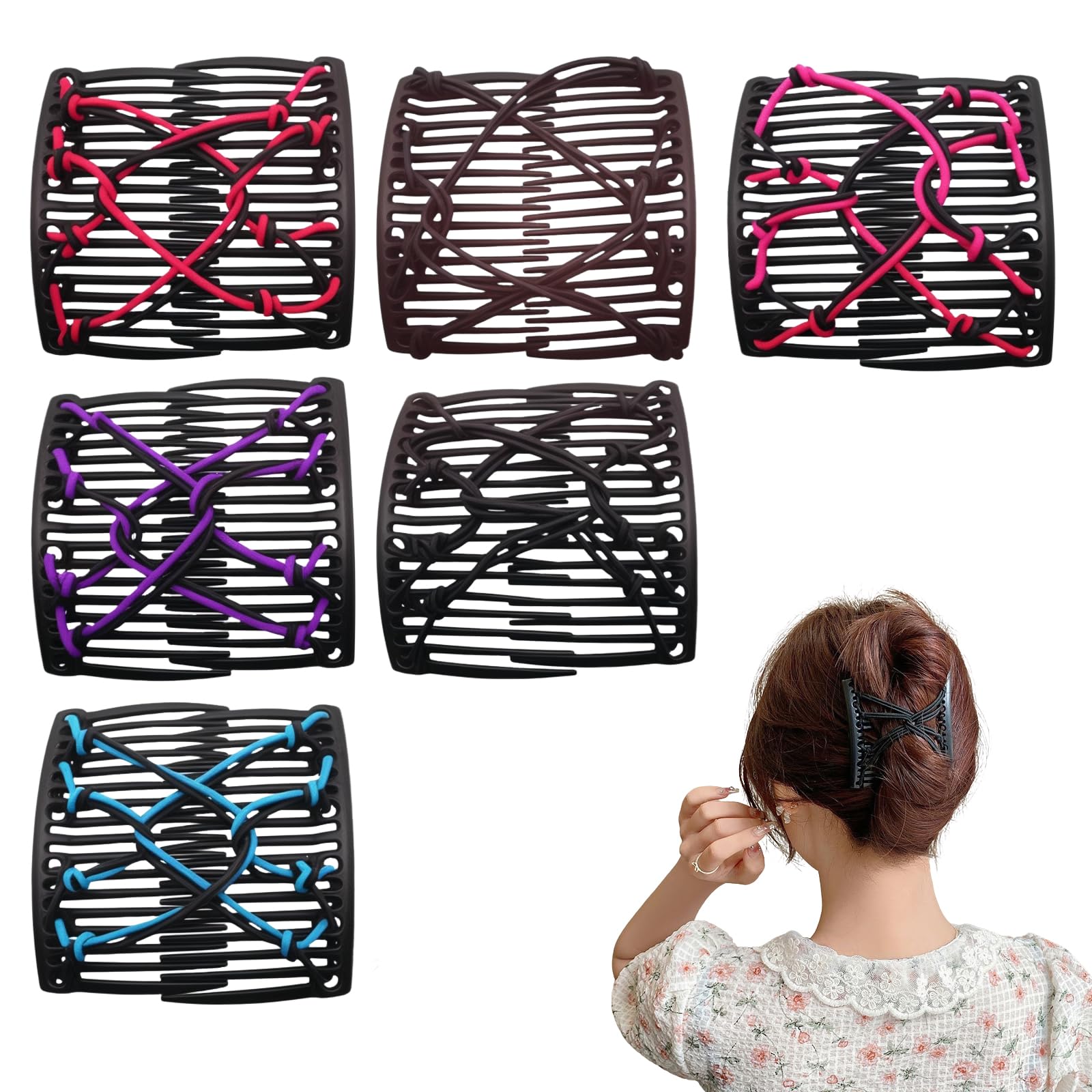 Hair Comb Clips - Homiladi 6 PCS Stretchy Magic Hair Grips, Black/Brown/Blue/Purple/Rose Red/Red