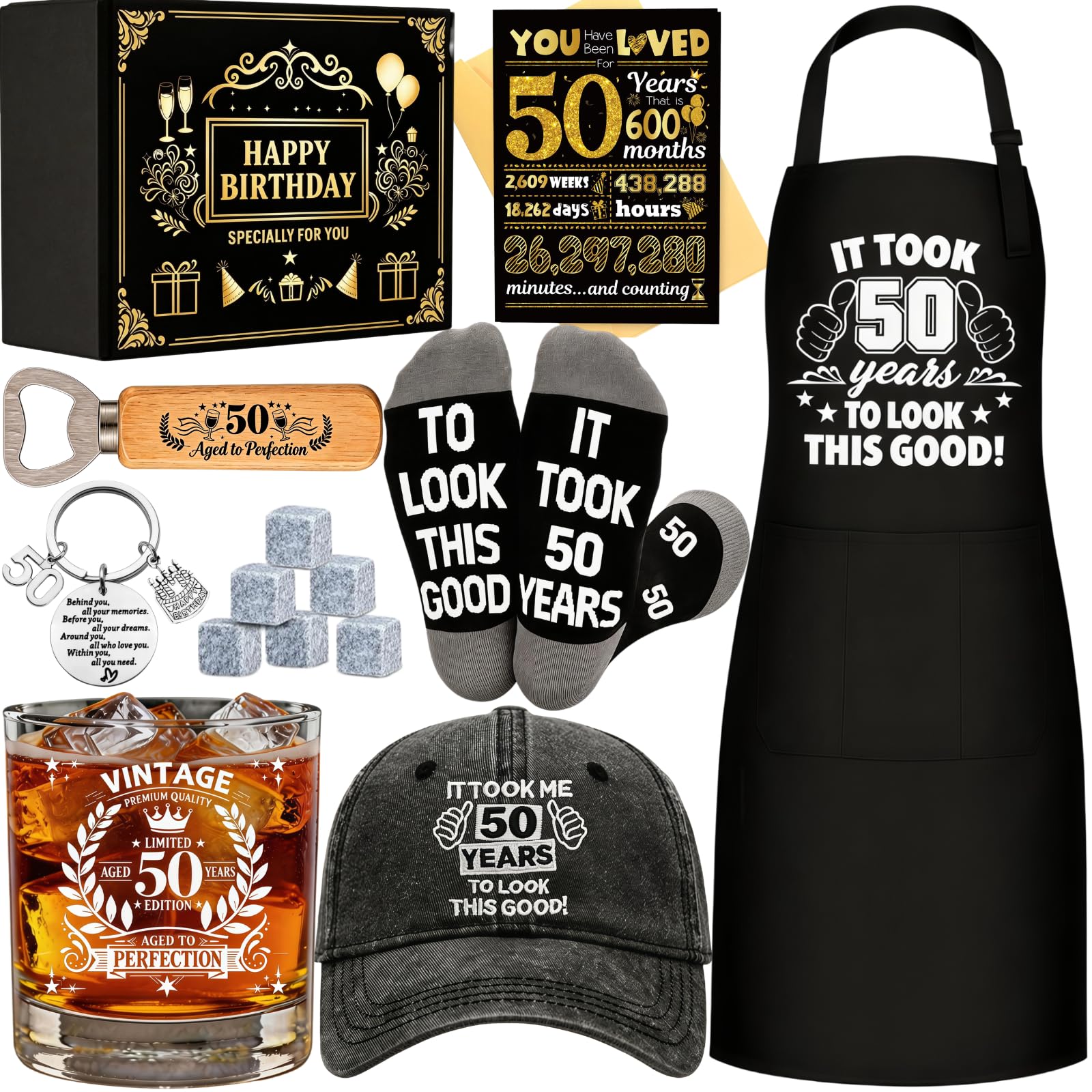 Juego de vasos de whisky de regalo de 50 cumpleaños para hombres, regalos geniales para hombres de 50 años con delantal de cristal de whisky de 11 onzas, gorra de béisbol, llavero, abrebotellas